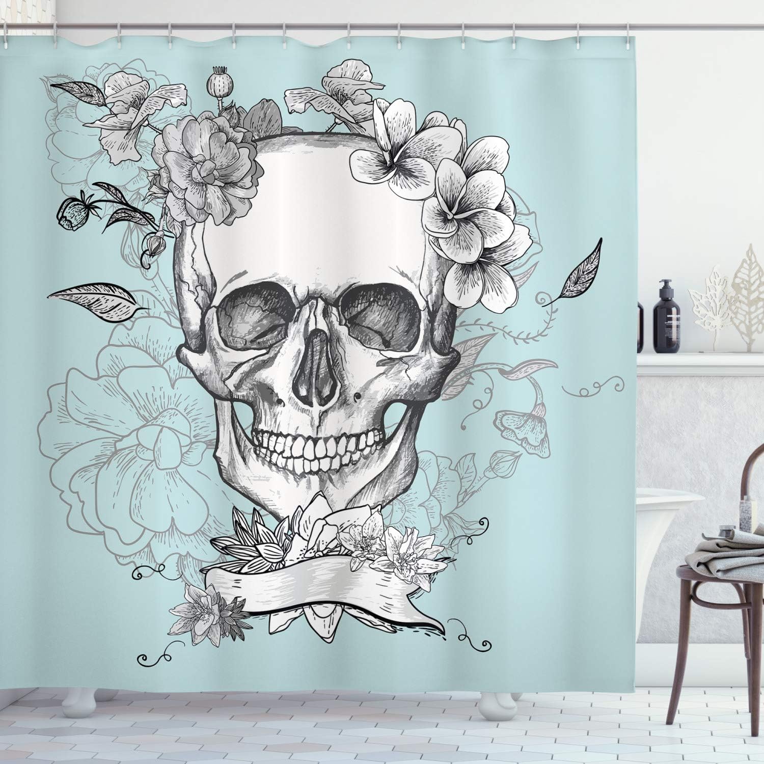 Ambesonne Grunge Shower Curtain, Skull and Flowers Day of The Dead Mexican Traditional Celebration Symbolic Art, Cloth Fabric Bathroom Decor Set with Hooks, 69" W x 75" L, Turquoise Grey
