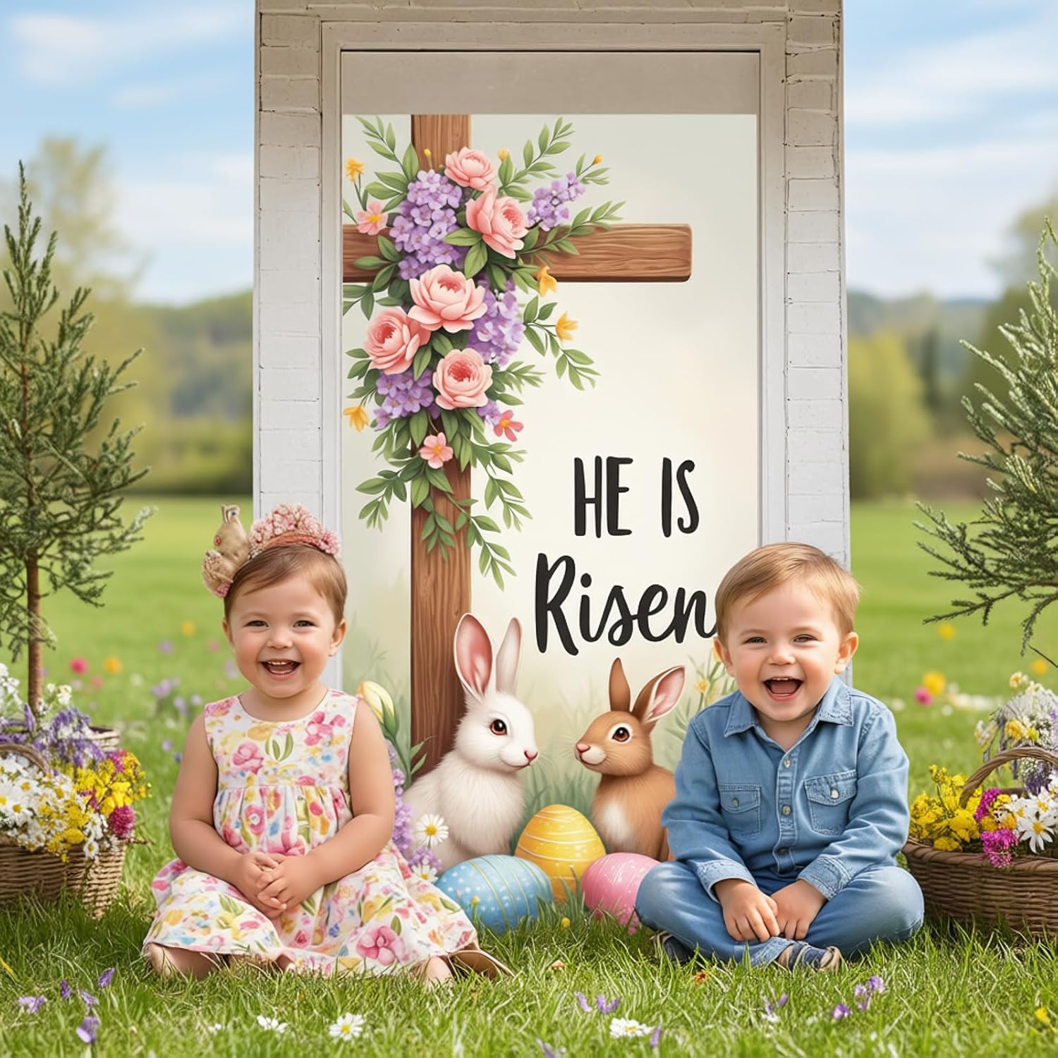 He Is Risen Door Banner Decorations Happy Easter Door Cover Spring Rabbit Bunny Eggs Door Banner Christen Floral Cross Easter Porch Banner Backdrop for Outdoor Indoor Easter Party Supplies 71 x 35''