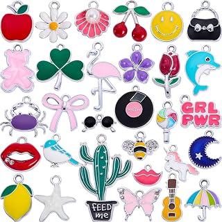 Silver-Tone Enamel Charms Set for DIY Jewelry Making - 30 PCS Colorful Metal Pendants for Bracelets, Necklaces, Keychains - Cute Craft Supplies, Gift for Womens