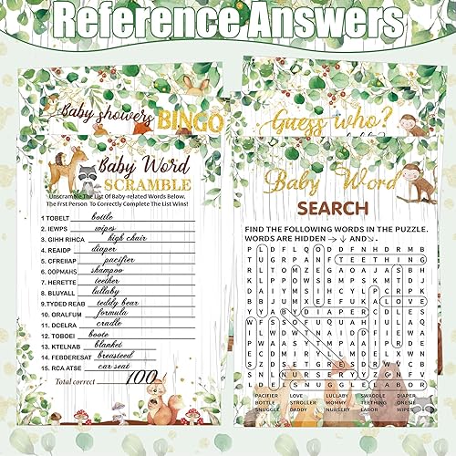 Miniatura 6 de Sherr 476 piezas Woodland Baby Shower Games 6 juegos de tarjetas de actividades, juego de caza de chupetes, 50 chupetes Qué tan grande es el signo