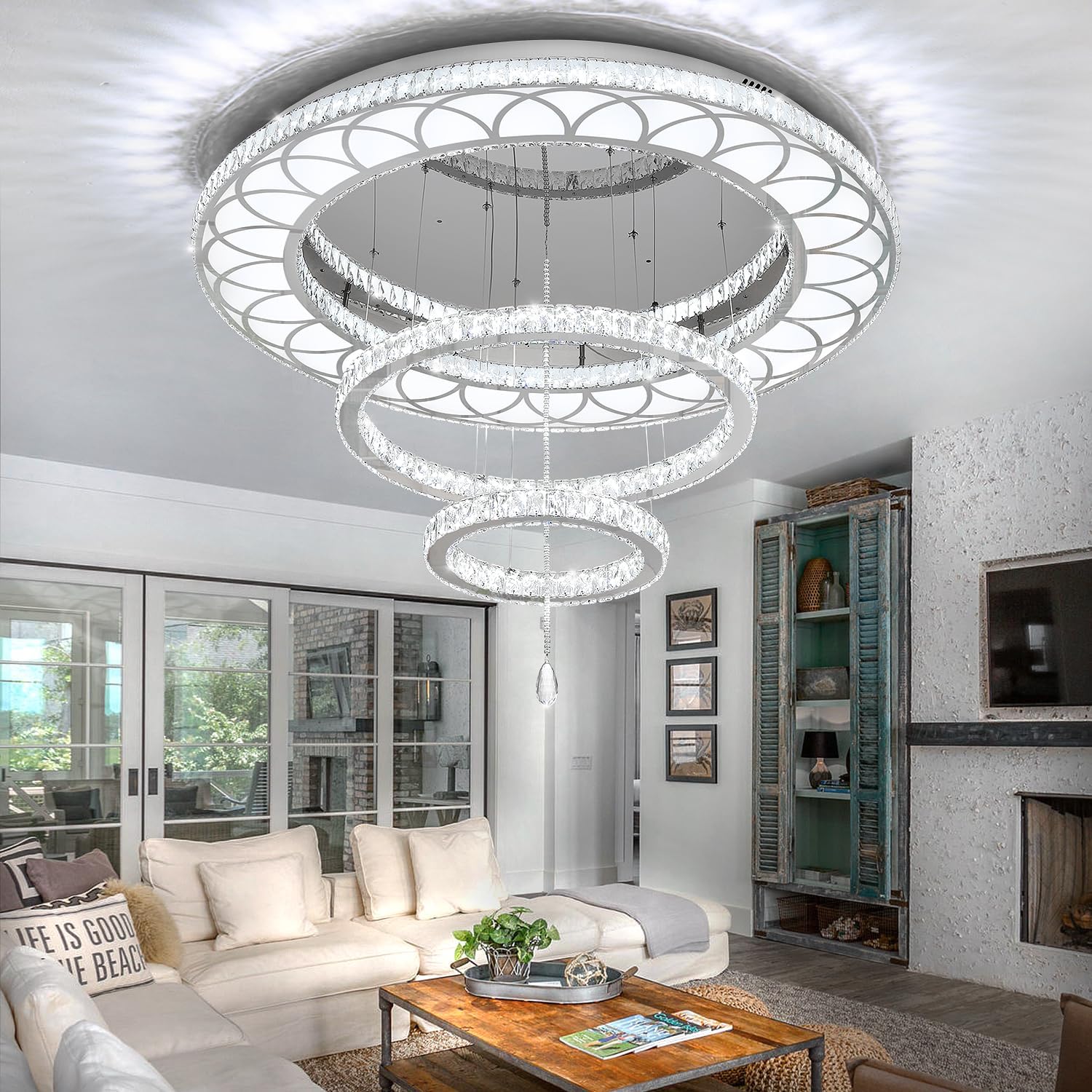 Flashing God W40 Crystal Chandelier for Living Room Modern Flush Mount Chandelier Large Chandelier for Foyer Dining Room Hallway Dimmable 2700k 4500k 6000k