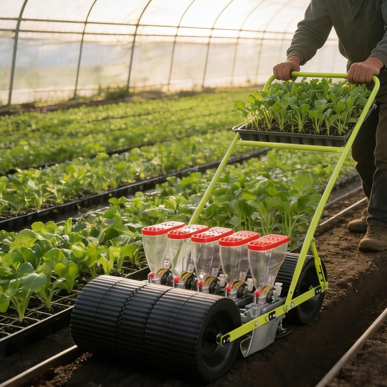 Sembradora manual de jardín con asa para plantar con precisión, diseño de 3 filas, ideal para verduras y hierbas, herramienta portátil de jardín al aire libre
