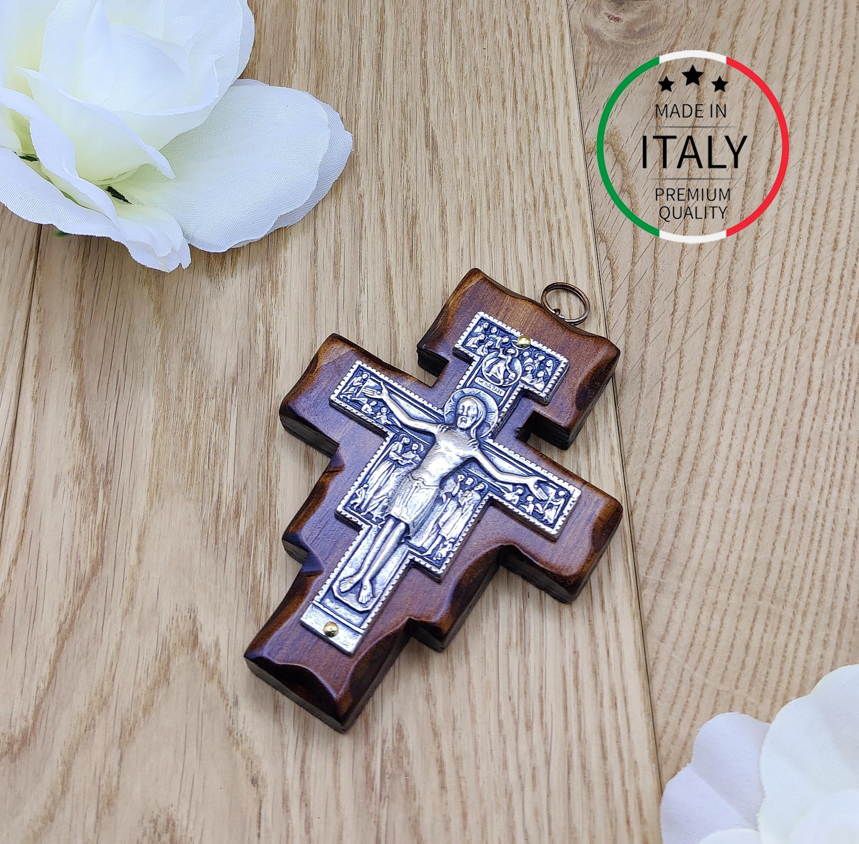 Crocifisso da Parete - Croce San Damiano - Artigianale Made in Italy Cristo e INRI Placcati Argento 999 - Crocifissi da Parete in Legno, Cura e Precisione dei dettagli di Gesù Crocifisso - 10,7X8cm