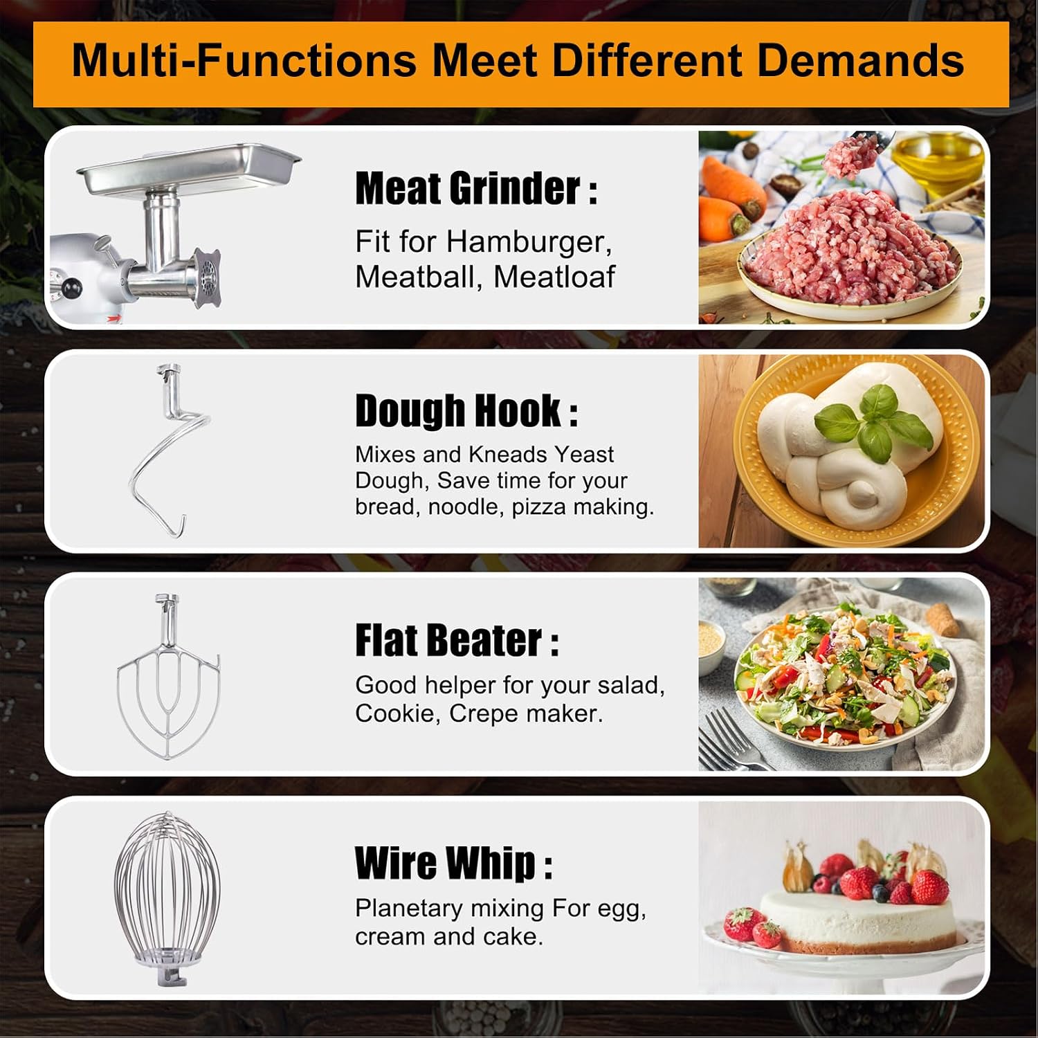 Hakka Commercial Stand Mixer with Meat Grinder, 10 Quart 4-Funtion Stainless Steel Food Mixer Electric Planetary Countertop Dough Mixer Machine with 3 Adjustable Speeds