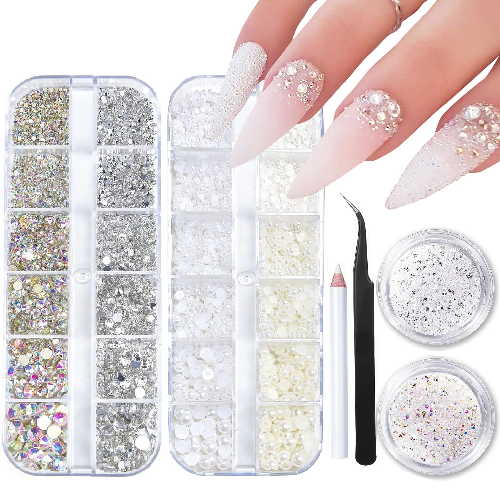 ITPOYOL 4 Boxes Nail Art Rhinestones Flatback Rhinestones Pearls Nail Charms for Acrylic Nails Crystals Nail Art Supplies Half Round Design Nail Gems