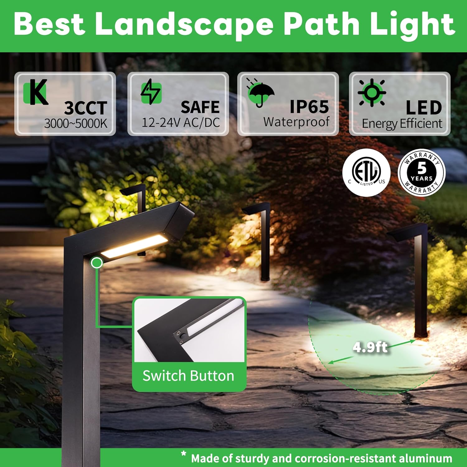 LED Pathway Lights Kit, 12 Pack 3CCT Landscape Path Lights and 200W Transformer and 250FT Cable and 40 Wire Connectors, Low Voltage Outdoor Waterproof, Black Aluminum for Lawn Garden