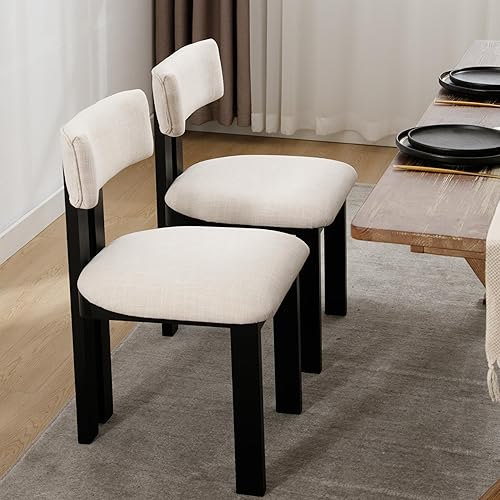 Miniatura 3 de Juego de 4 sillas de comedor, sillas tapizadas modernas para cocina y comedor con respaldo curvo y patas de madera negra, color beige Lino beige;