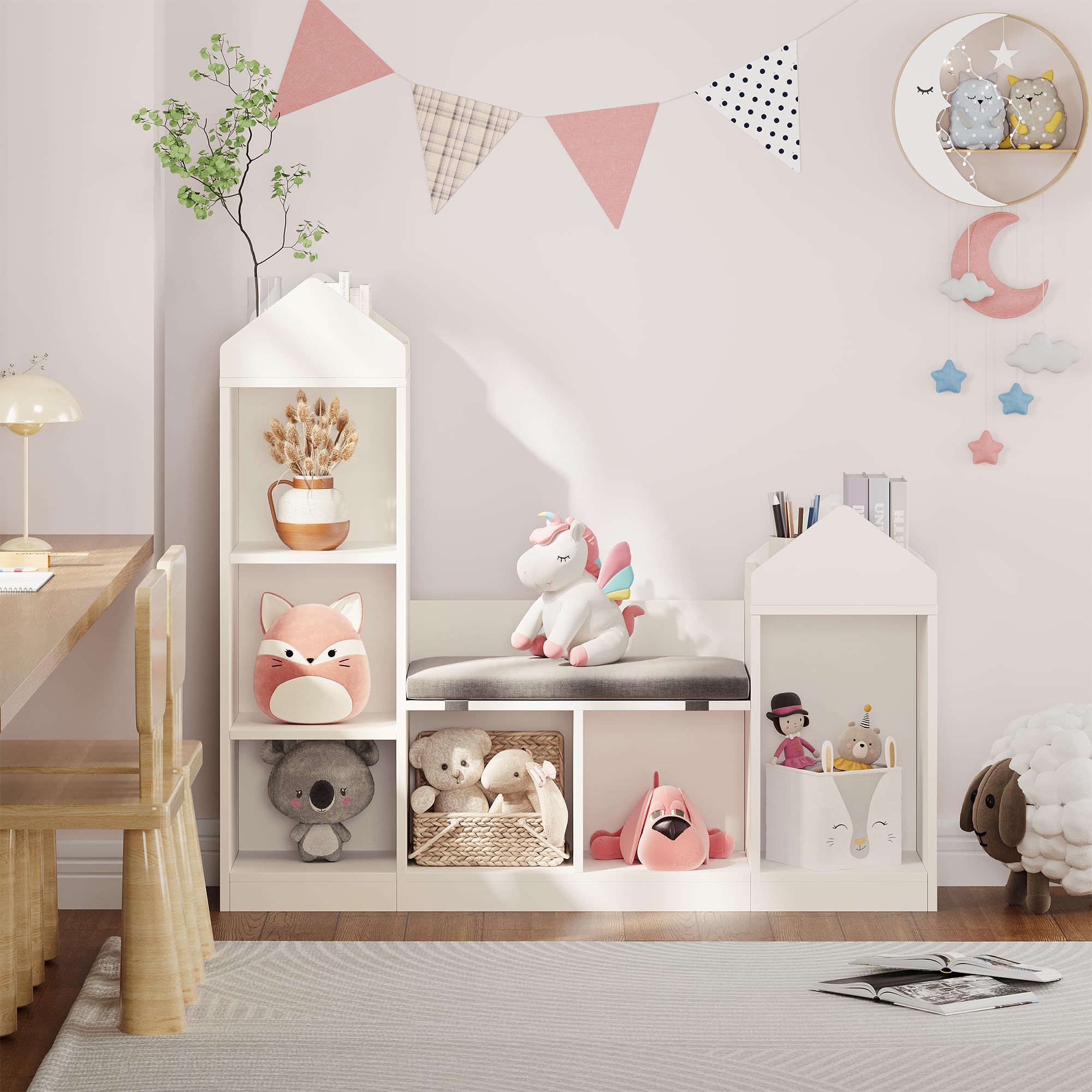 Bibliothèque et Meuble de Rangement pour Enfants avec Banc