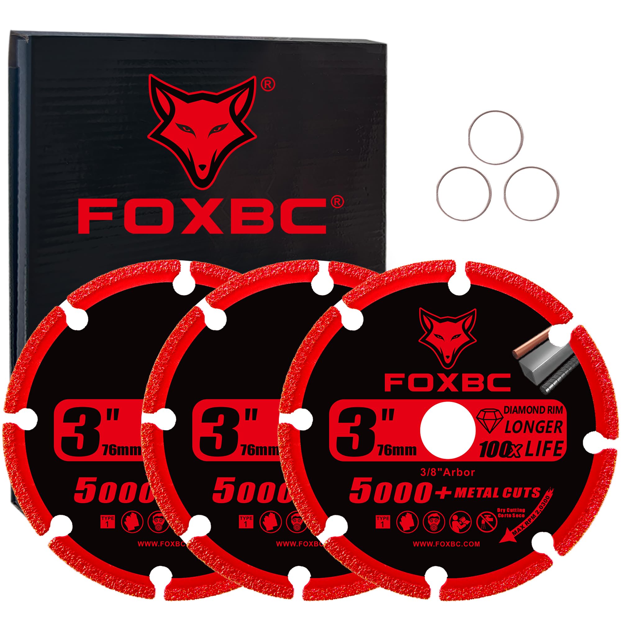 FOXBC 3 Inch Diamond Cut Off Wheel with 5000+ Metal Cutting on Rebar, Stainless Steel, Angle Iron, 3/8" Arbor - 3 Pack