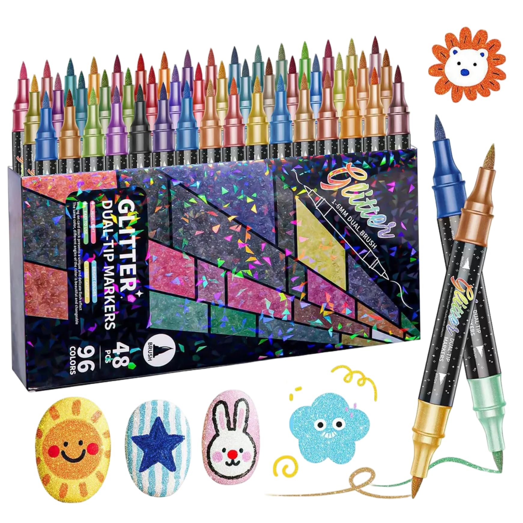 Pennarelli Glitter, 48 Pennarelli a Doppia Punta con 96 Colori Scintillanti Pennelli a Doppia Punta con Glitter Fini per Artigianato, Diario, Creazione di Cartoline e Libri da colorare per Adulti