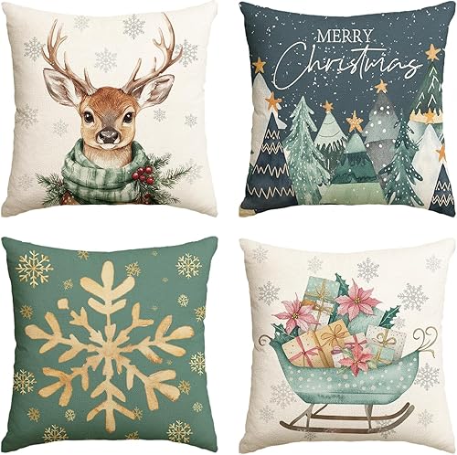AVOIN colorlife Juego de 4 fundas de almohada de trineo de copos de nieve con árboles de Navidad, renos verdes, 18 x 18 pulgadas, decoración de