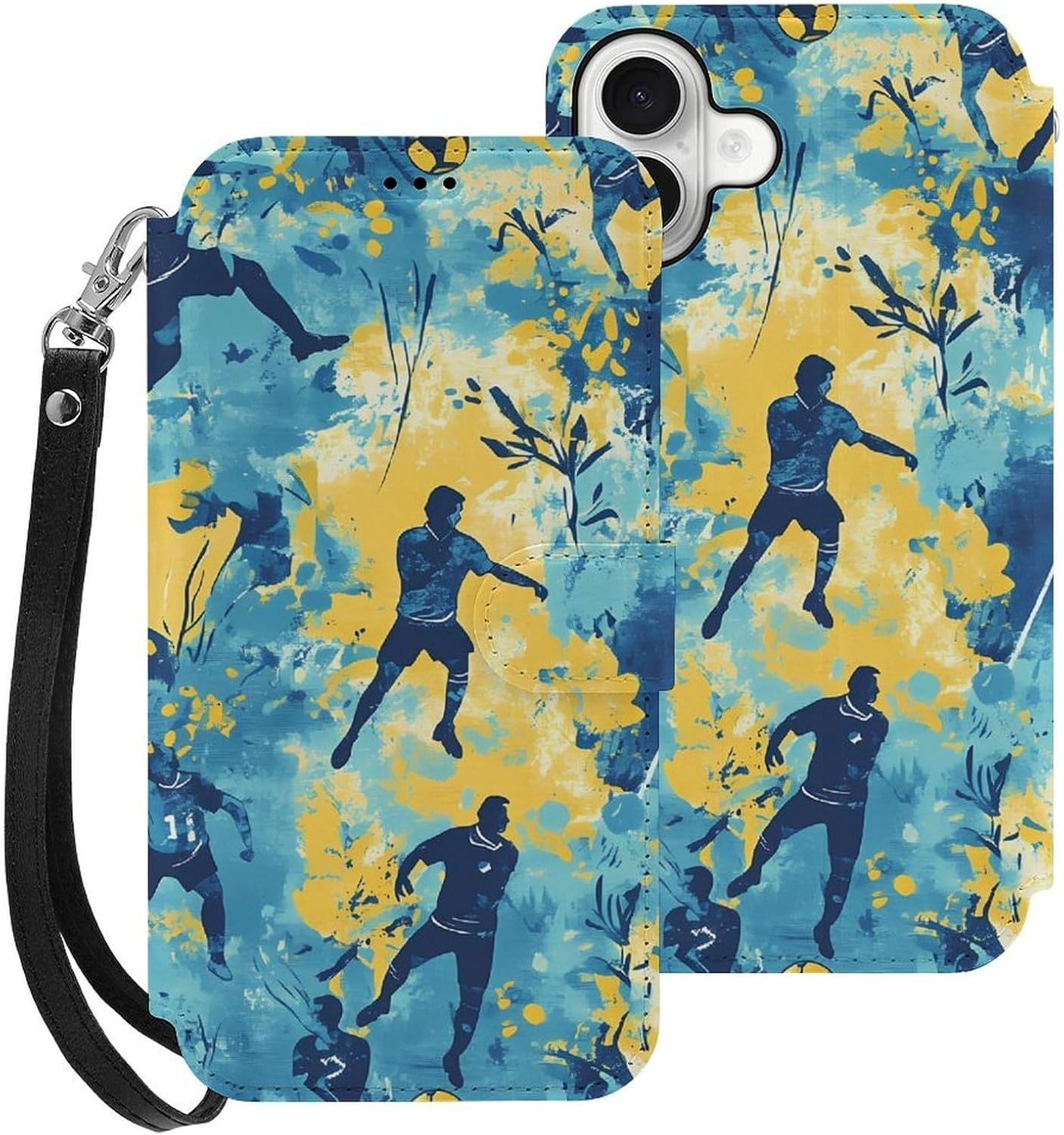 Camouflage Soccer Players Balls Compatible with iPhone 16/16 Plus/16 Pro/16 Pro Max/16 E Case Phone Wallet Card Holder Flip Cover with Wrist Strap