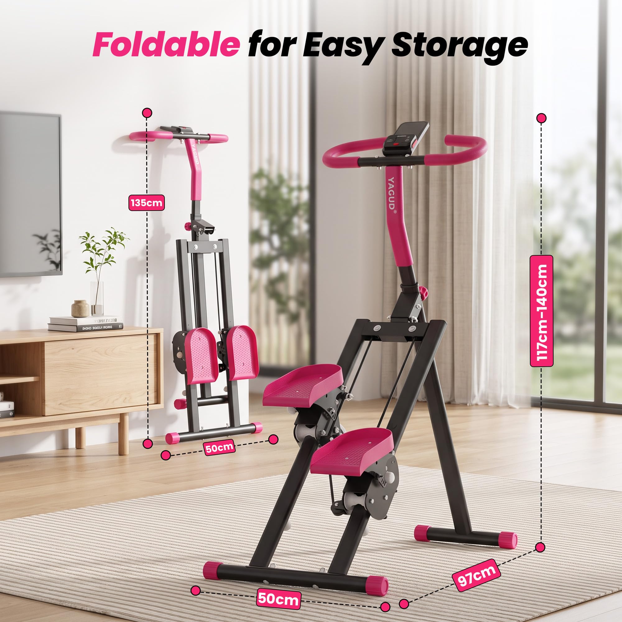 Yagud Stairmaster für Zuhause, Stair Stepper mit Doppelfeder-System, rutschfesten Pedalen und Haltegriff, faltbar, höhenverstellbare Pedale, LCD-Display, Fitnessgerät für das Home-Gym