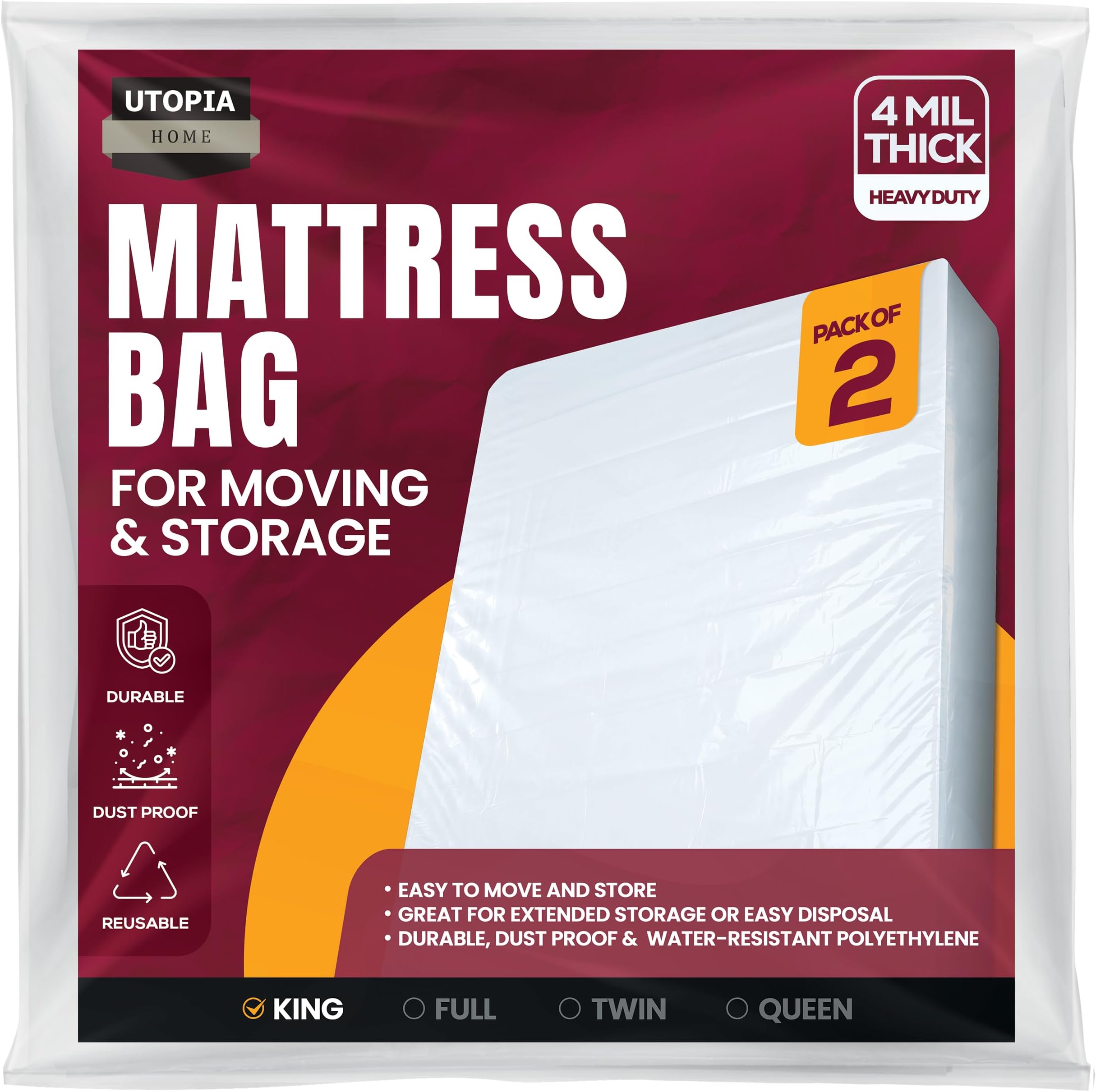 Utopia Home King Size Mattress Cover for Moving (2 Pack), 4 Mil Heavy Duty Plastic Mattress Bag for Disposal, Mattress Encasement Fits Mattresses up to 14 Inches, Mattress Bags for Moving