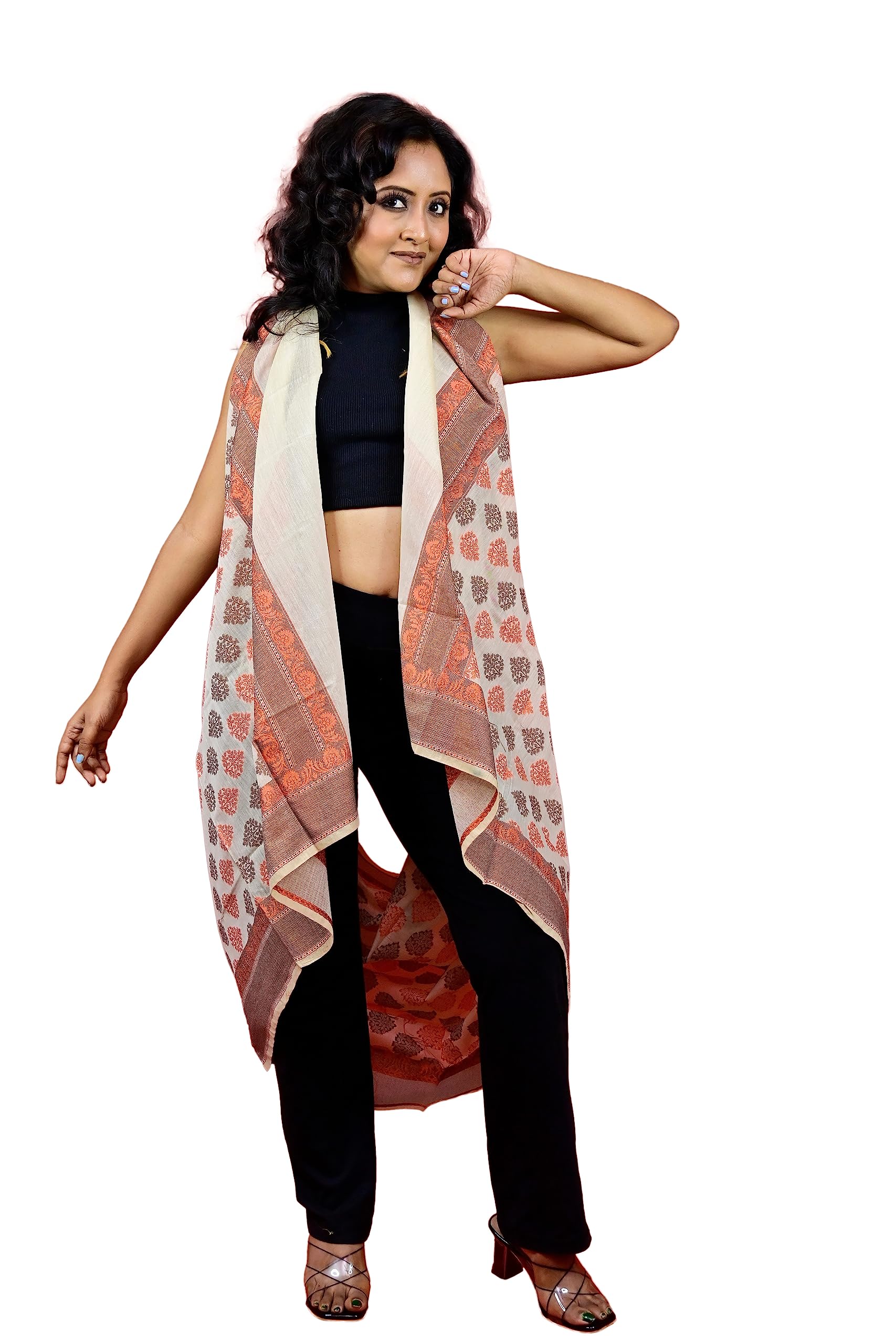 Fartila Women's White 081614 Orange Cotton Silk Banarasi Dupatta For Wedding Celebration Festive Occasion Or Casual Gathering