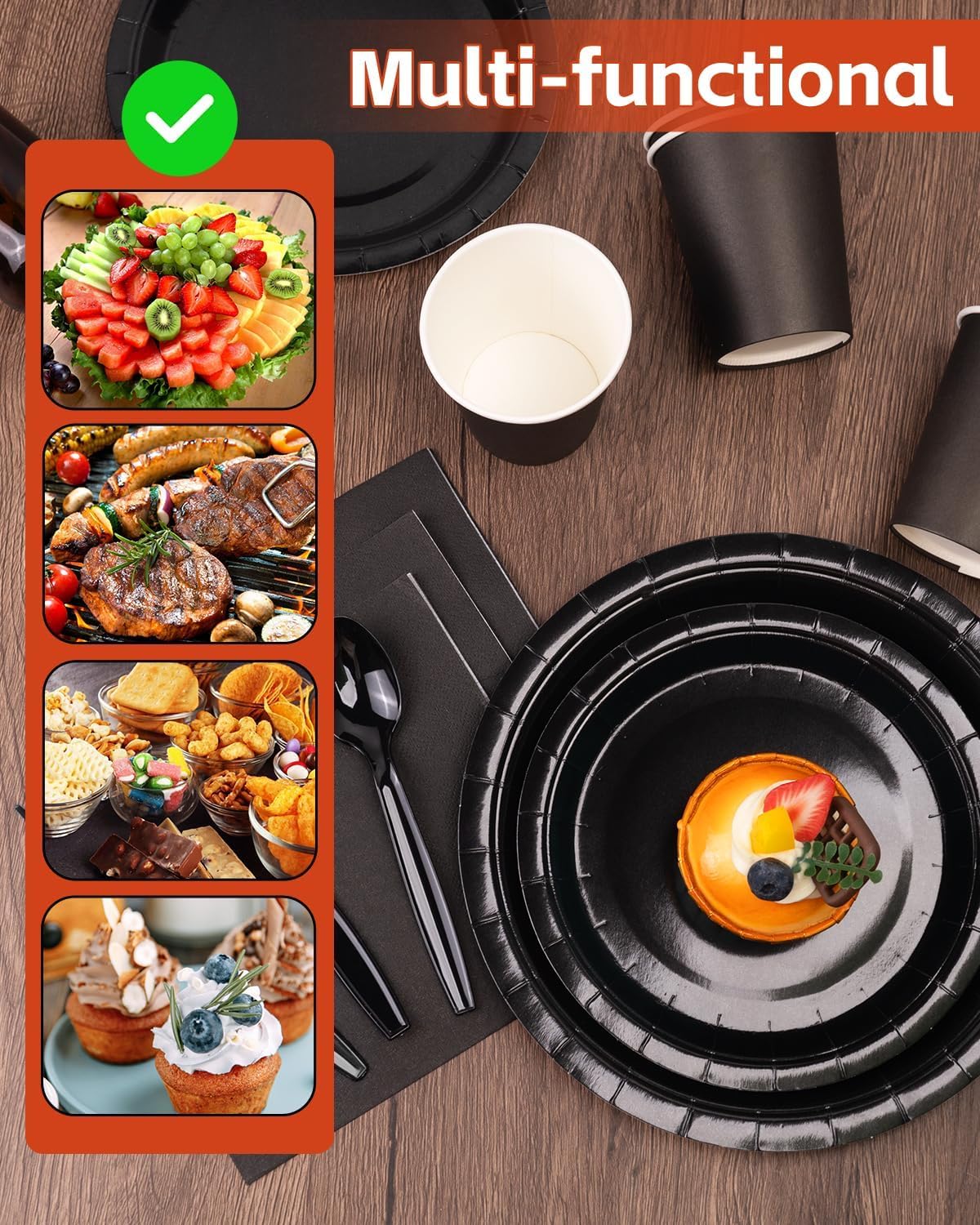 Lzerking Black Party Supplies Set 224 Pieces of Black Paper Plates, Cups, Napkins, and Heavy Duty Plastic Spoons Forks Knives for 32 Guests for Birthday, Graduation, Wedding, Festivals