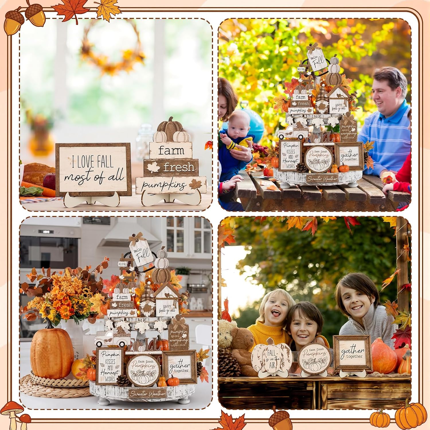 Maitys 21 Pcs Fall Tiered Tray Decor Set, Rustic Farmhouse Thanksgiving Whitewashed Wooden Signs Gnome Truck Pumpkin Wood Bead Garland Vintage Table Centerpieces Autumn Harvest Home Kitchen Decor