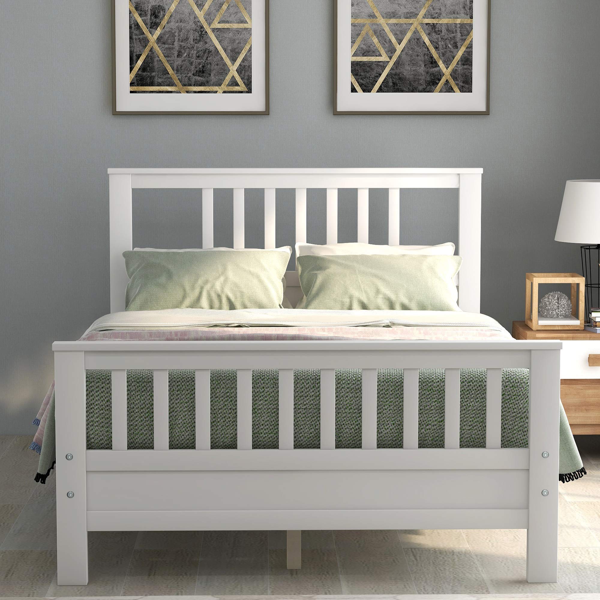 Merax Full Size Bed Frame with Headboard and Foot Board, Wood White Platform Bed Full Bed for Kids Teens and Guests.No Spring Box Needed