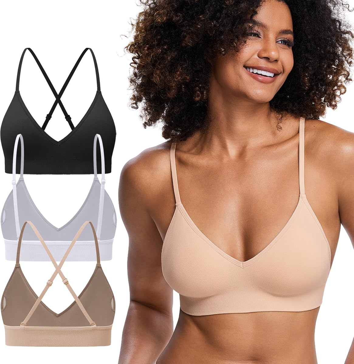 3/6 Pack V Neck Bralette for Women, A-D Cup Lightweight Wireless Comfort Padded Lounge Bra Set for Everyday Wear Sleep