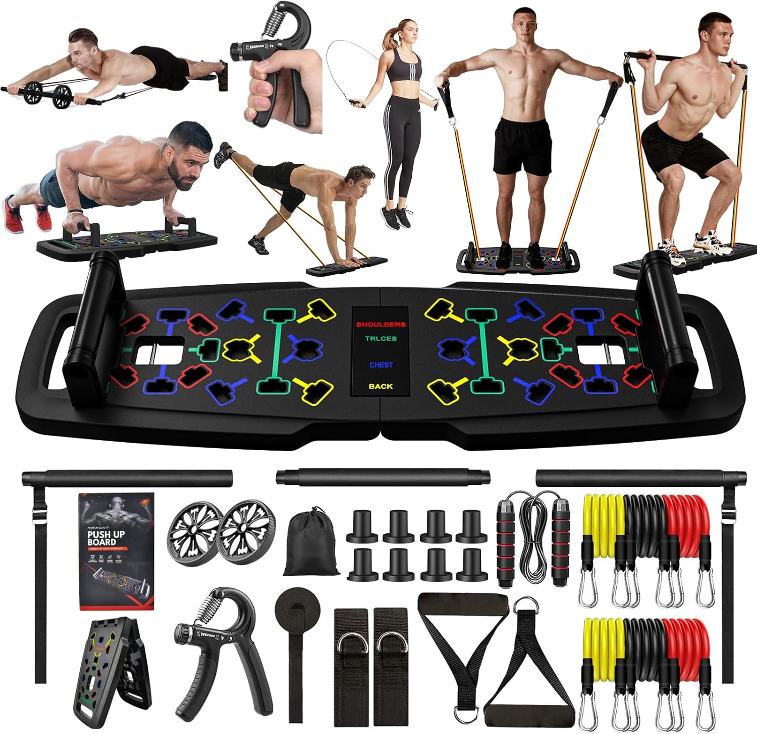 22-in-1 Home Gym Equipment, Portable Push Up Stands Press Up Board Handles for floor Home Gym Systems with 36 Gym Accessories, Resistance Band Bar,Abdominal Rollers