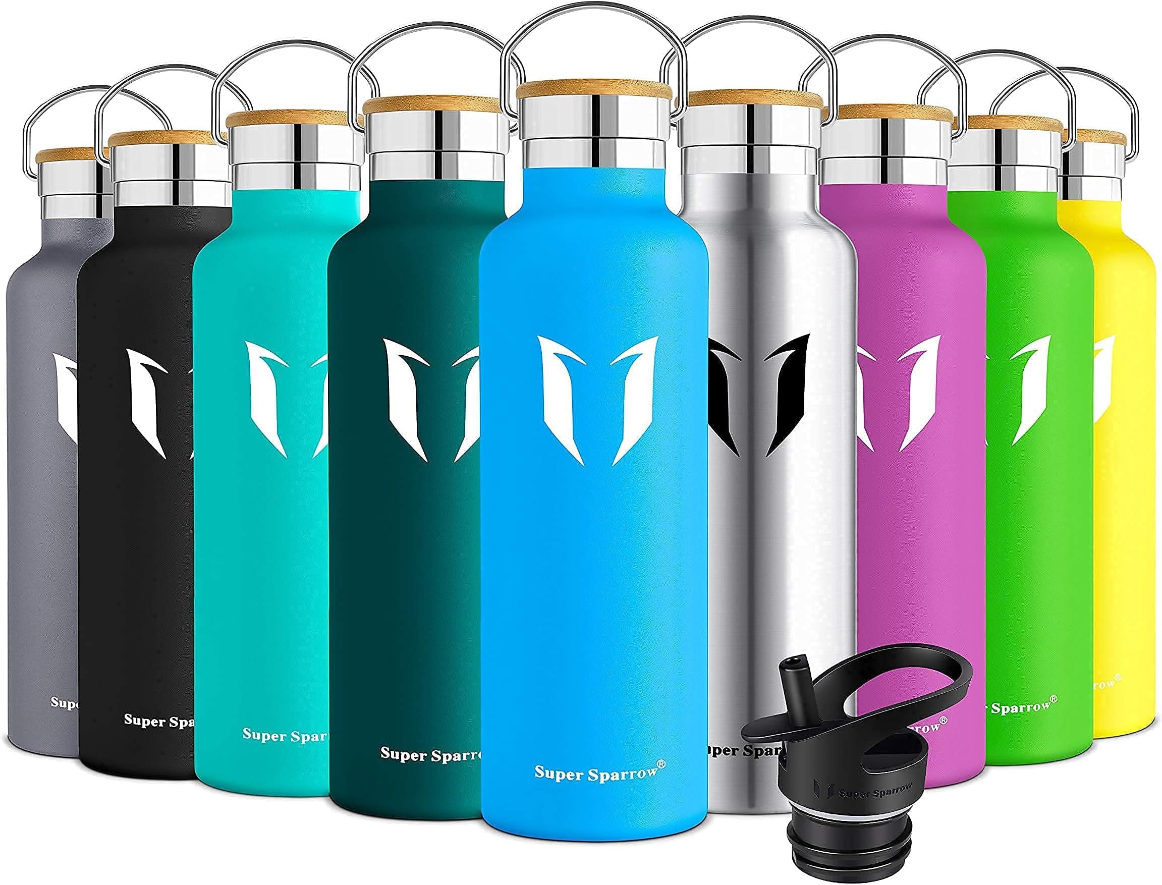 Super Sparrow Water Bottle Stainless Steel - 350ml/500ml/620ml/750ml/1L- Insulated Metal Water Bottles - Standard Mouth Flask - BPA Free - Straw Bottle for Work, Gym, Sports - 2 LidsClimatePartner certified