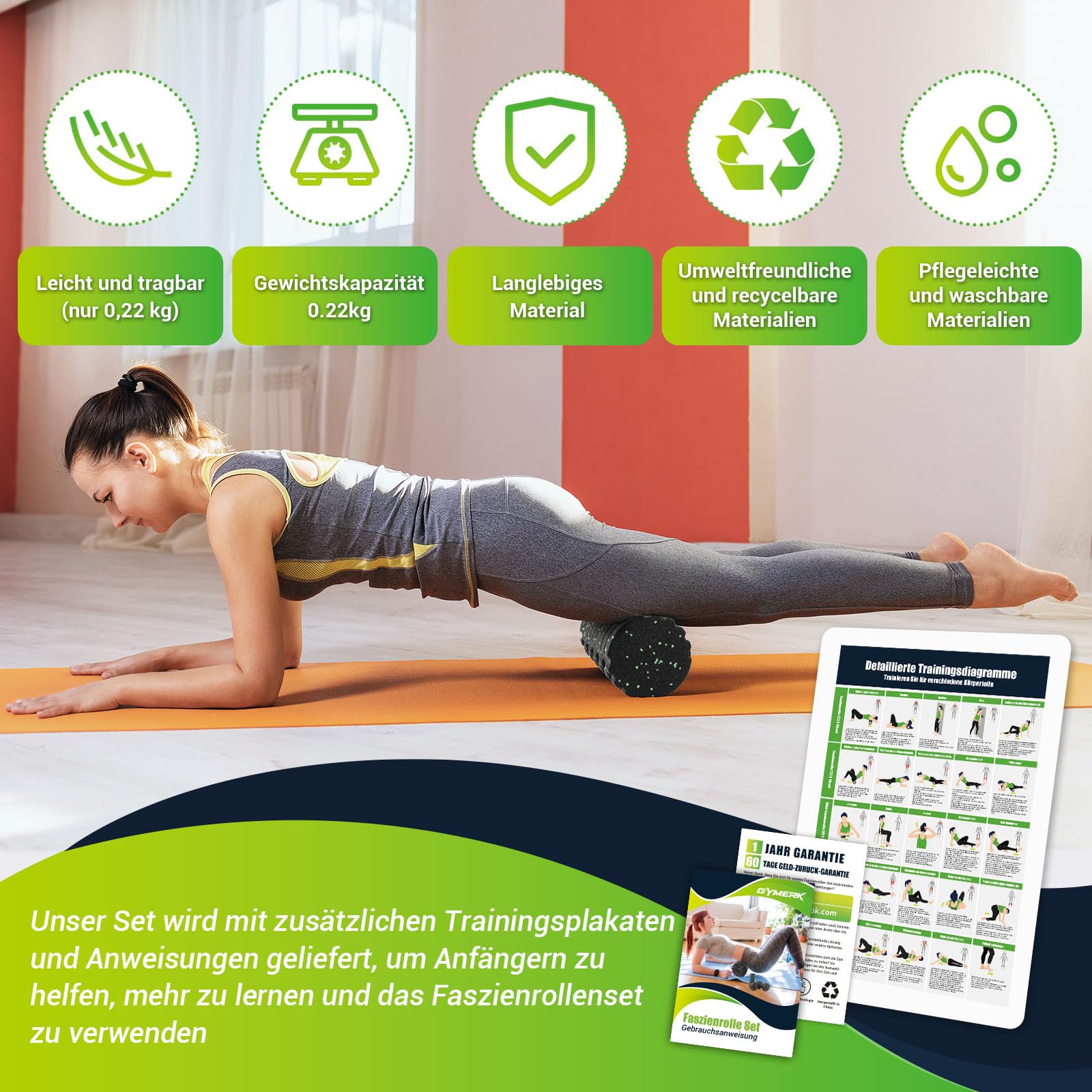 Faszienrolle Set mit 3D-Texturmassage, Enthält Anweisungen und Poster in Deutscher Sprache Tragetasche, Faszien Set mit Faszienball Faszienrolle Klein Duoball