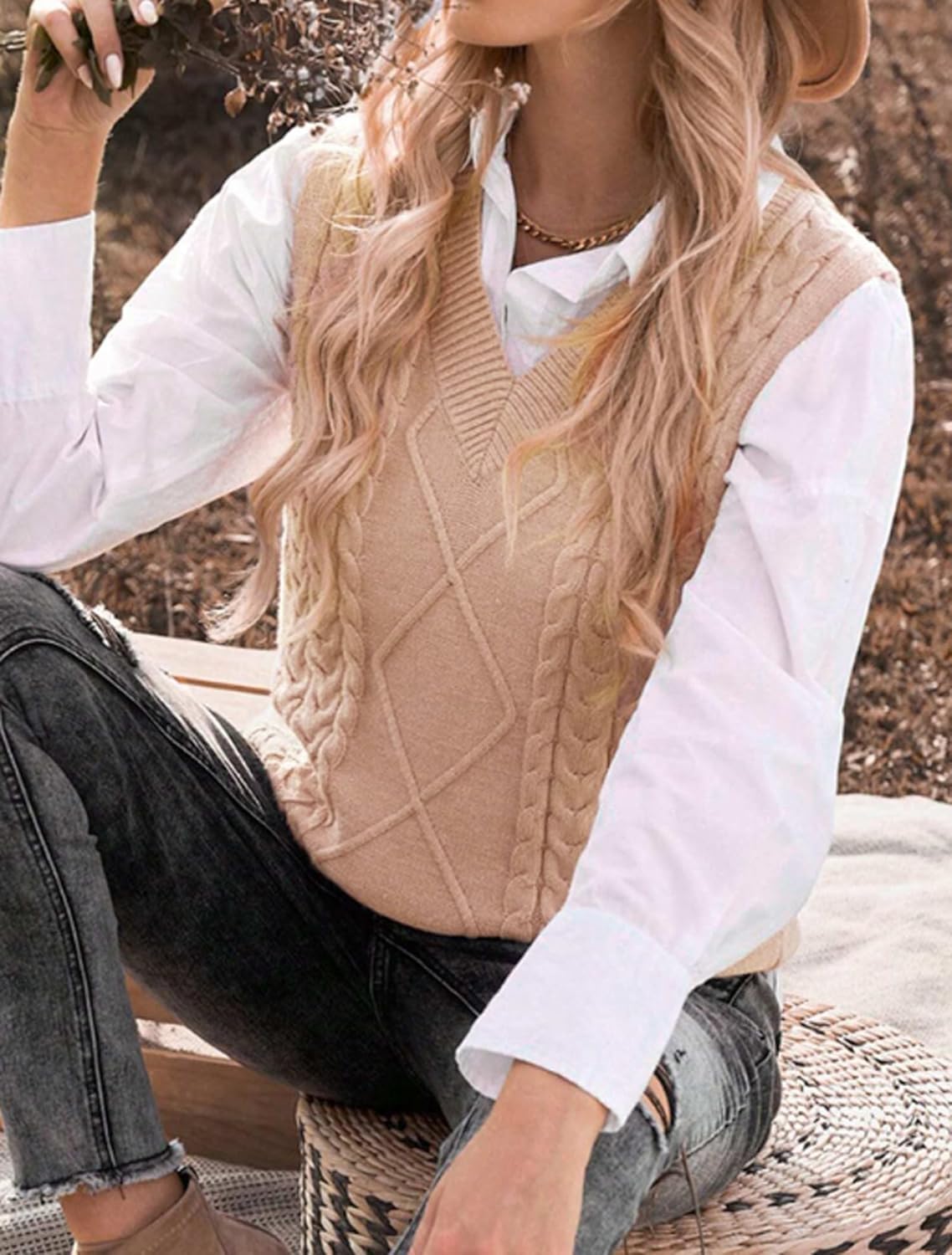 Hyipels Women's Sweater Vest,Long Cable Loose Knitted Sleeveless V Neck Casual Sweaters Tank Top S~XL - Image 5