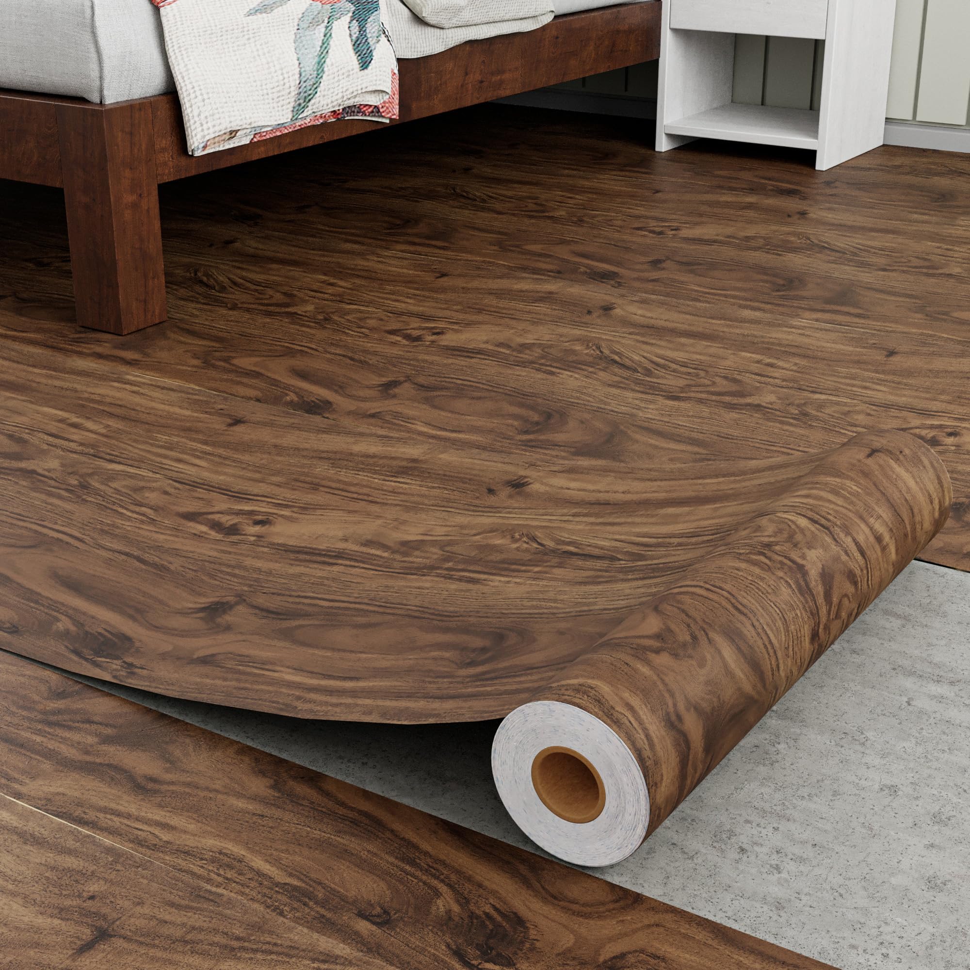 Homease Wood Grain Vinyl Flooring Roll 15.7" x 118" Brown Peel & Stick Waterproof Floor Tiles, Extra Durable Wear-Resistant Surface for Kitchen Bathroom Rental, Easy DIY Floor Covering