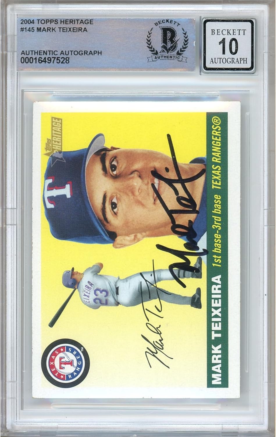 Mark Teixeira Autographed 2004 Topps Heritage #145 Baseball Trading Card Slab Beckett BGS Auto 10 Graded Authentic Slabbed COA Played For Texas Rangers MLB