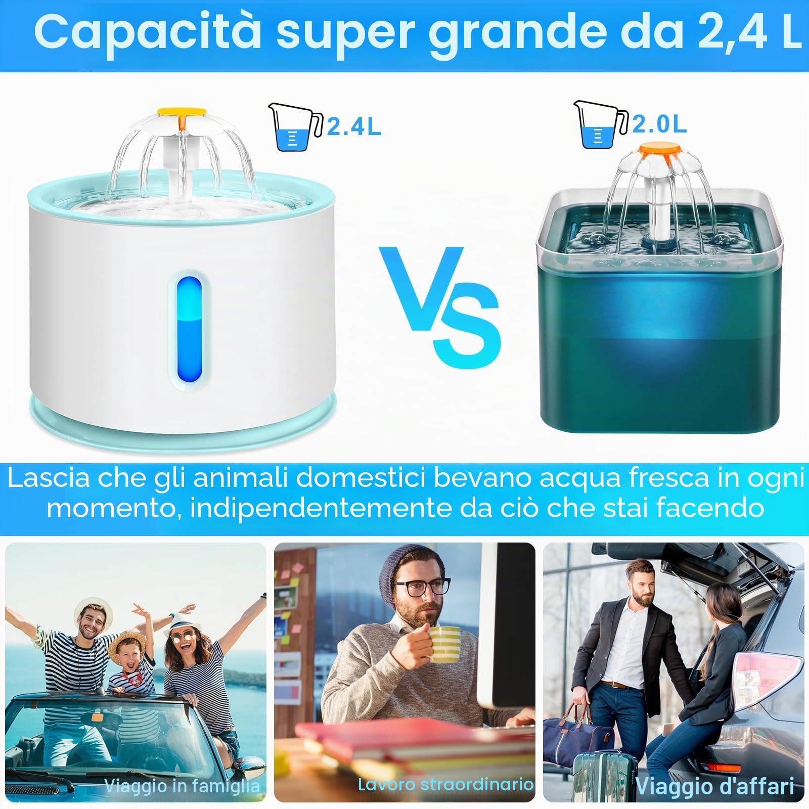 AQXONG Fontanella per Gatti da 2.4 Litri Con Quattro Filtri, Fontana per Animali Domestici Ultra Silenziosa con Luce a LED - Sistema di Filtrazione Quadruplo, Tre Modalità di Flusso Dell'acqua