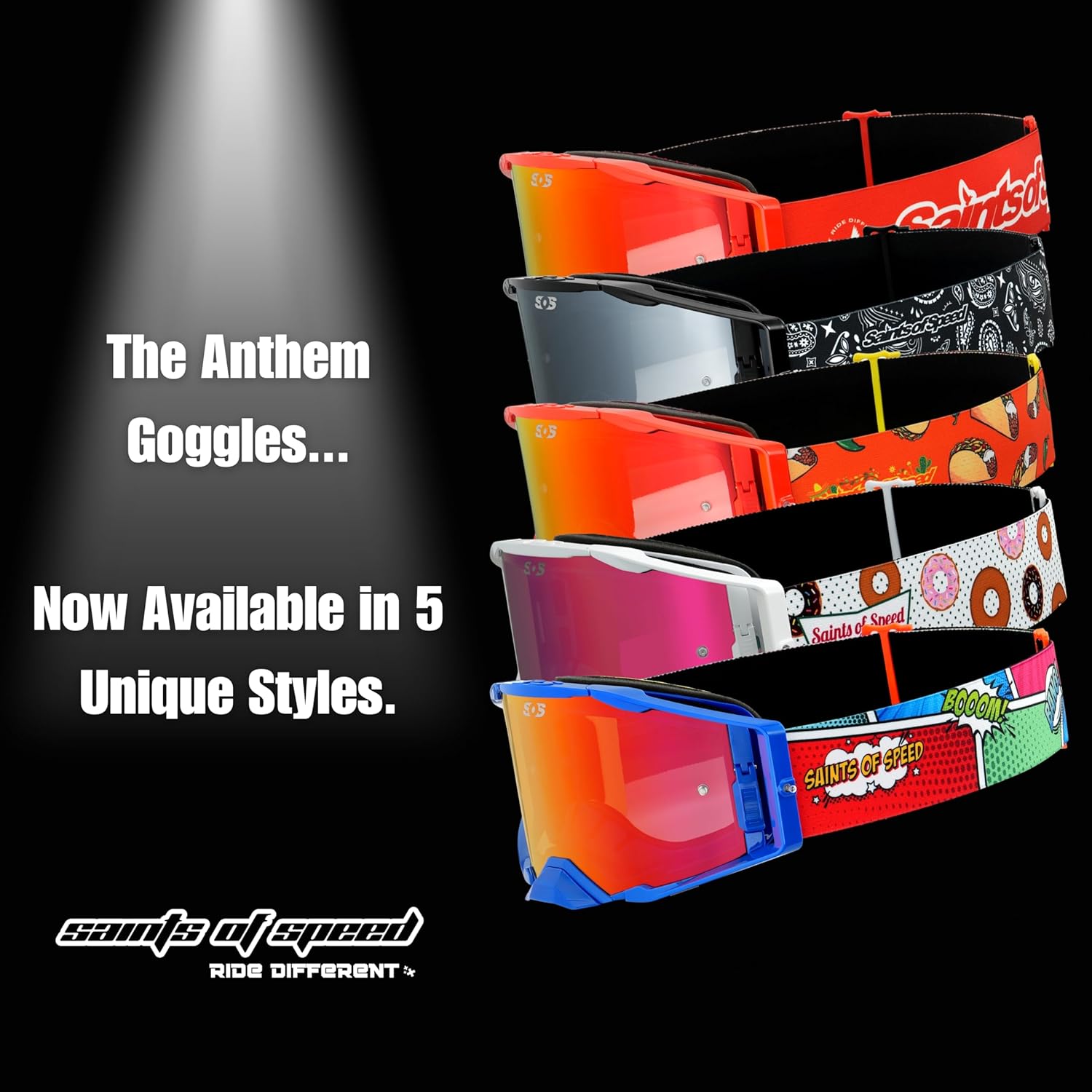 Saints of Speed Anthem Dirt Bike Goggles – Motorcycle Goggles for Motocross, MX, MTB, SXS, Fog & Scratch-Defying, UV Defense, Interchangeable Lenses (Spark)