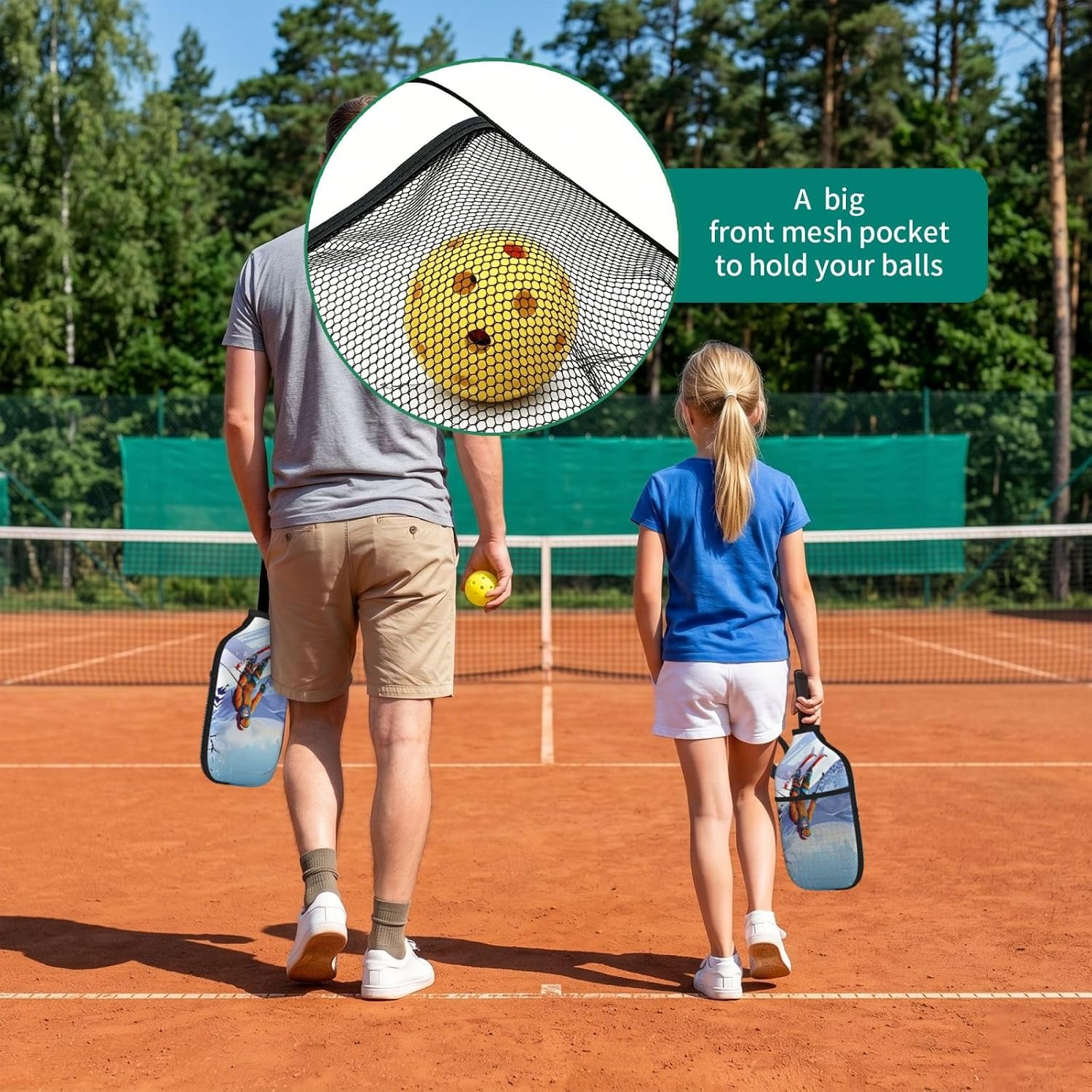 Winter Skiing Pickleball Paddle Cover Personalized Paddle Case with Pocket and Handle Strap, Neoprene Pickleball Paddle Sleeve Universal 8.7 x 11.6Inch Paddle Storage Bag