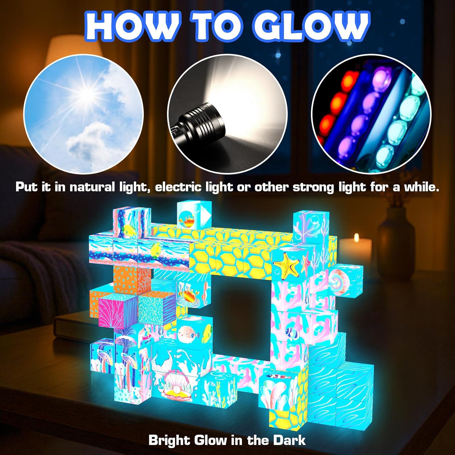 Magnetic Blocks - 140PCS Magnetic Building Blocks for Kids, 2025 Upgraded Light-Up Ocean World Magnet Cubes Set, STEM Building Toys for Boys Girls Toddlers Ages 3 4 5 6 7 8-12 Holiday Birthday Gifts