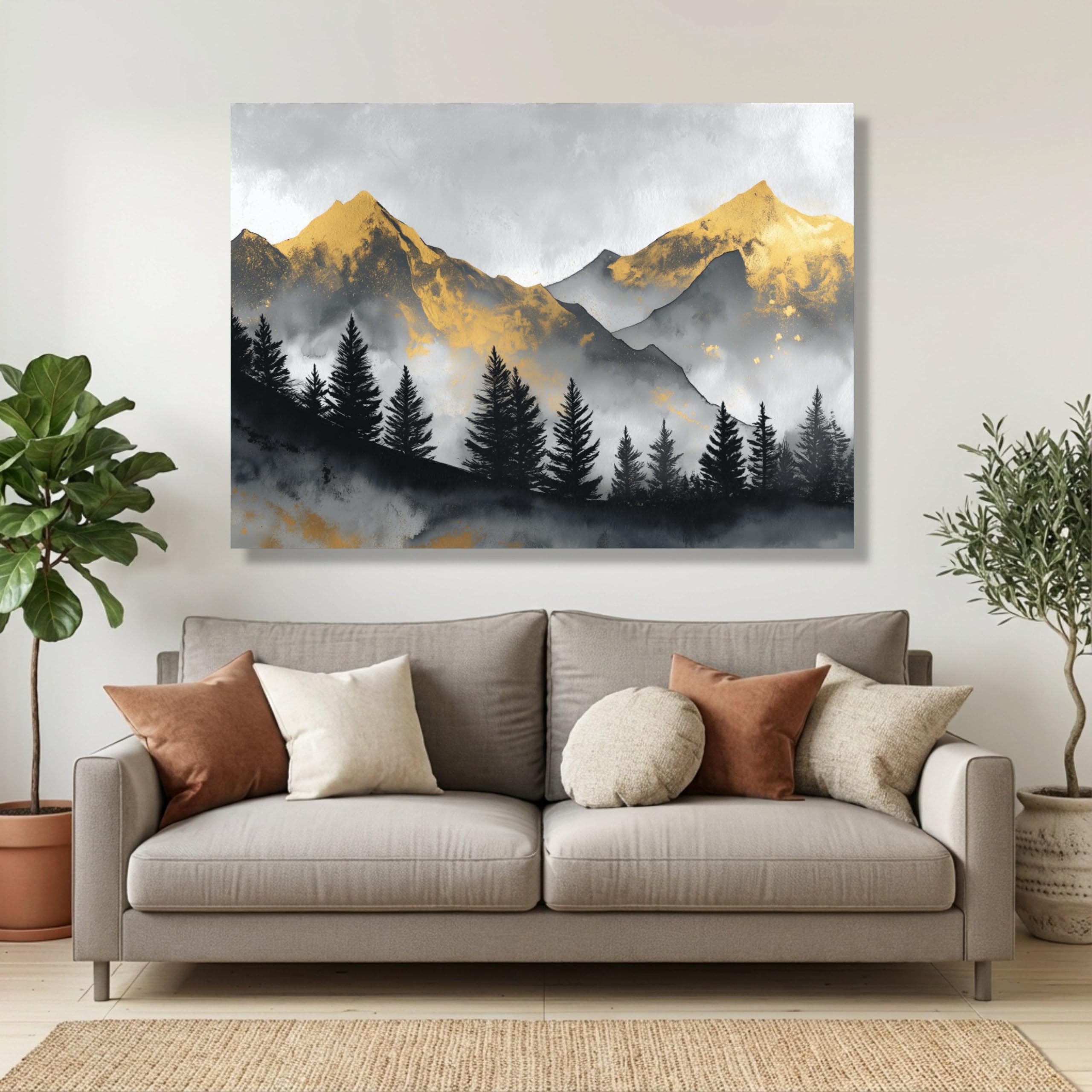 XINBAO Obraz na płótnie w stylu vintage z rustykalnym krajobrazem górskim, złote akcenty, sylwetka lasu sosnowego, naturalny krajobraz (40 x 60 cm/rama wewnętrzna)