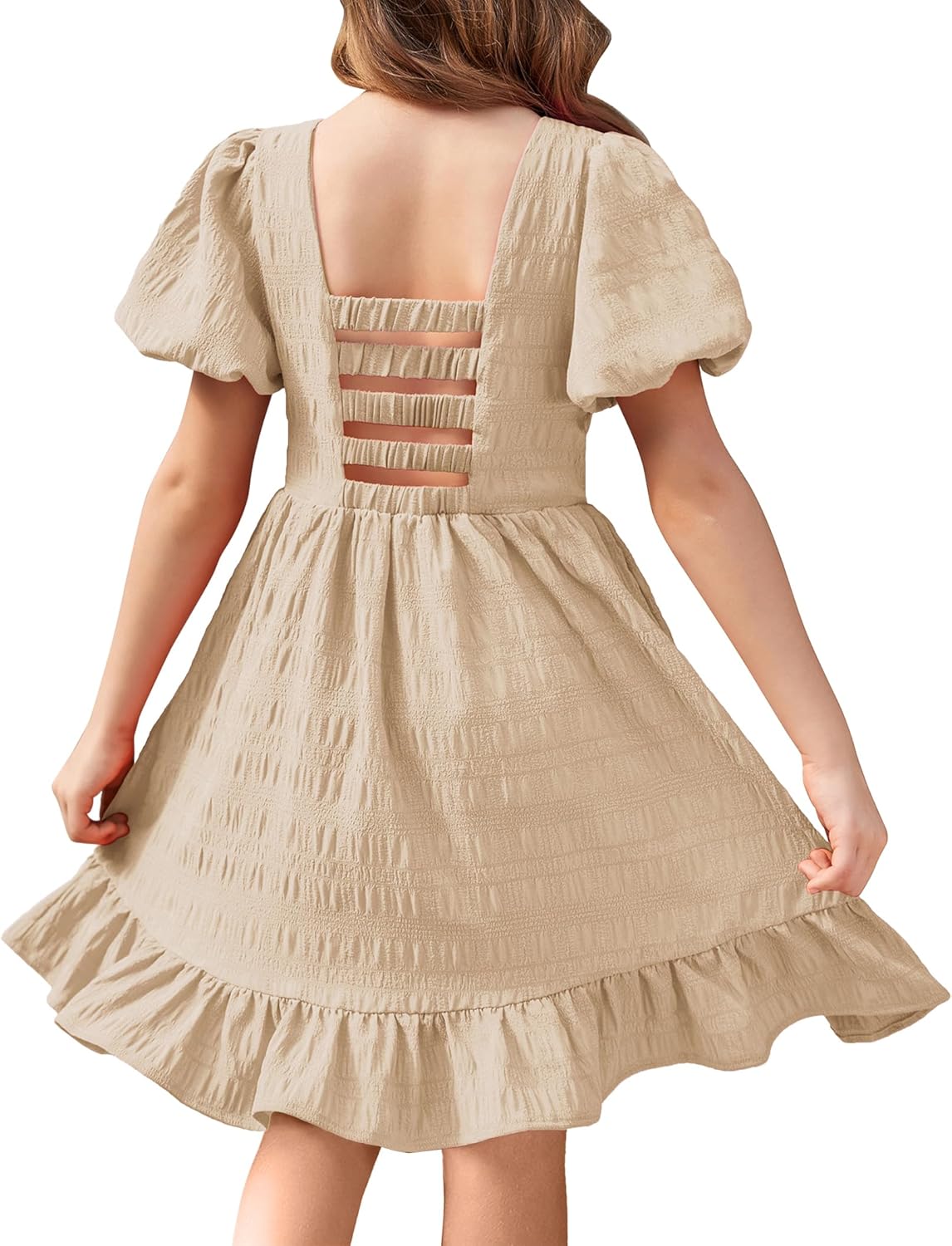 Arshiner Girls Backless Dress Short Sleeve Square Neck Ruffle Hem Elegant Dresses