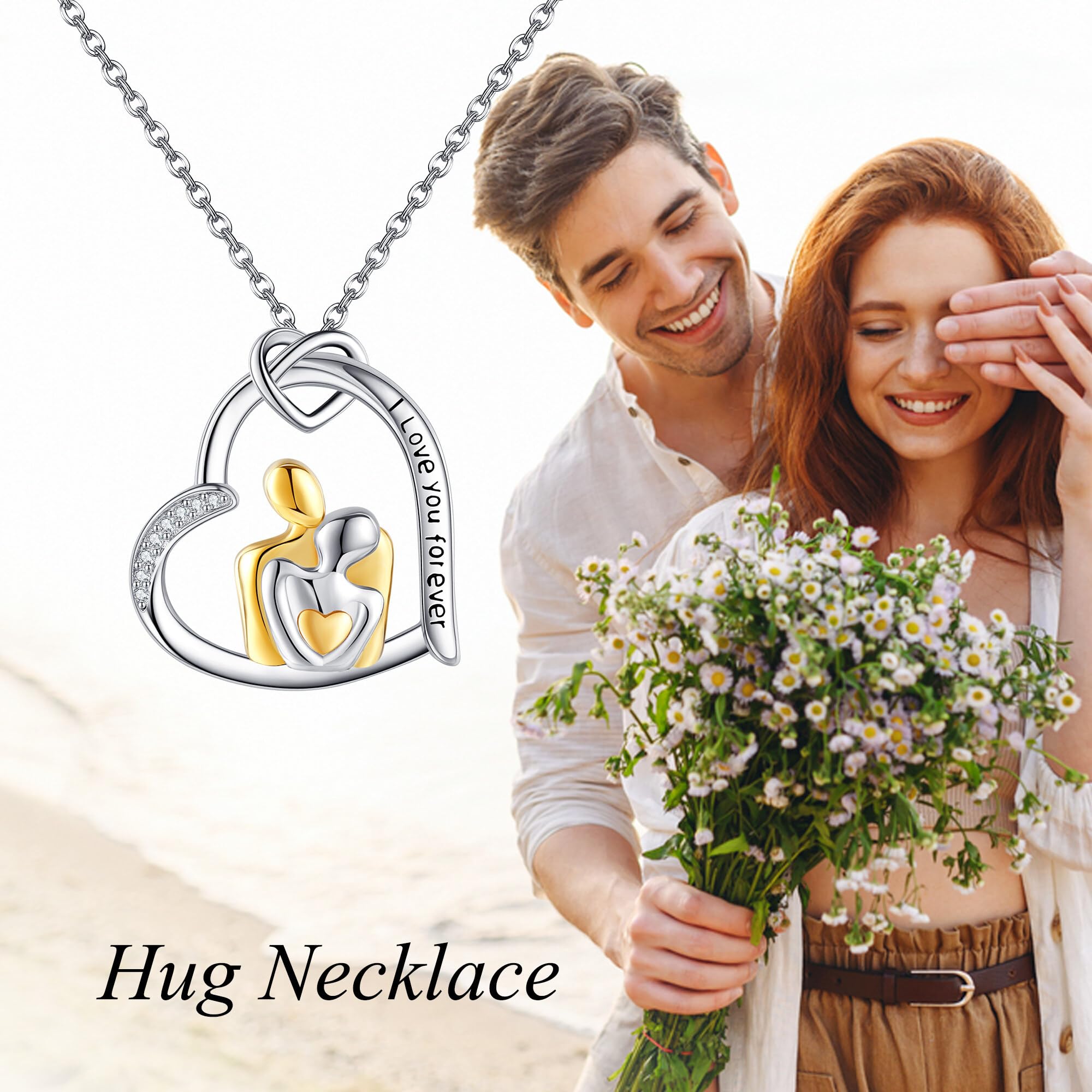 DAYLINLOVE Naszyjnik ze srebra wysokiej próby 925, przytulanie, wisiorek, naszyjniki, serce, pary, naszyjnik, rocznica, biżuteria, prezent dla kobiet i par, Sterling Silber, Srebro szterlingowe, Bez