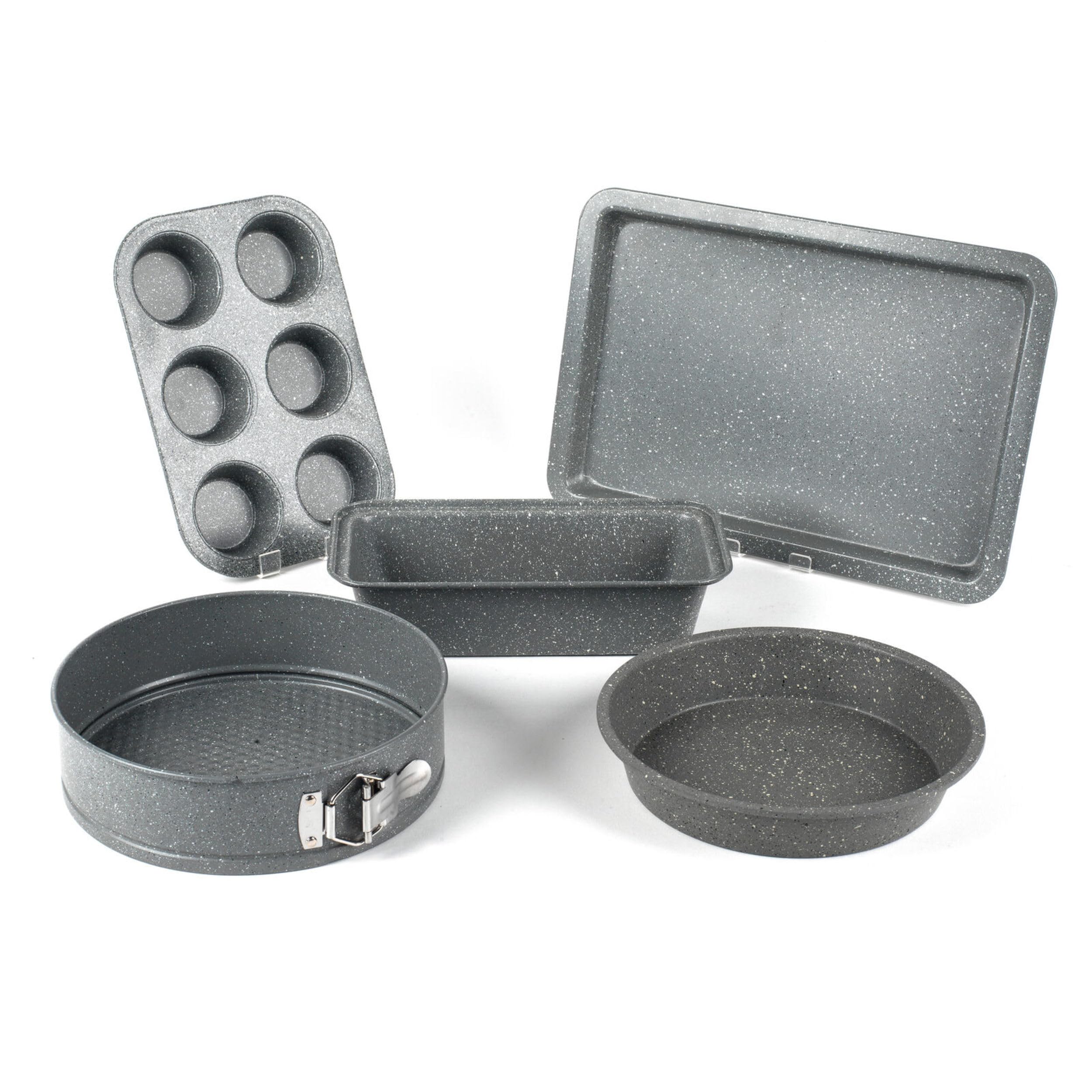 COMBO-3316 Marblestone Bakeware Set – 5 Piece with Baking Tray, Cake Tin, Springform Cheesecake Pan, Muffin Tin, Loaf Bread Tin, Non-Stick, Carbon Steel, Oven Pans, Easy Clean, Grey
