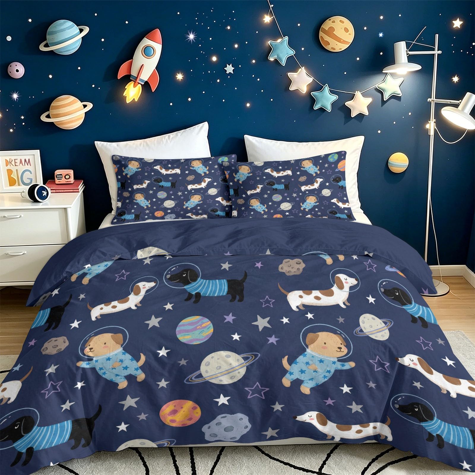 Zestaw pościeli Space Animal 140x200 cm 3-częściowy - Zestaw pościeli z 2 poszewkami na poduszki 80 x 80 cm, dwustronna poszwa na kołdrę z motywem psa i szczeniaka nowoczesny astronauta do pokoju