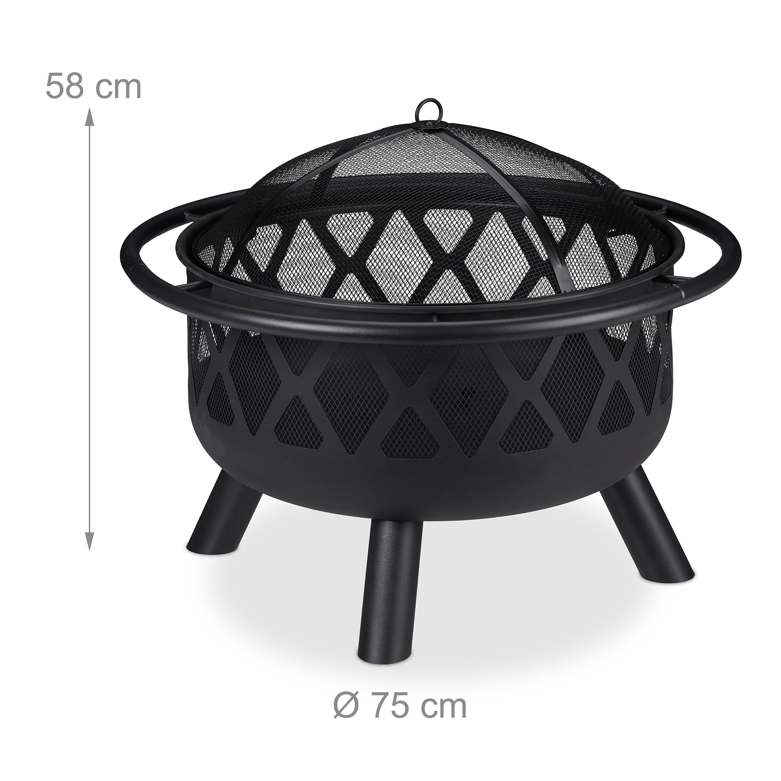 Relaxdays Brasero avec Protection étincelles, Jardin et terrasse, tisonnier, Foyer extérieur, en Acier; D 75 cm, Noir