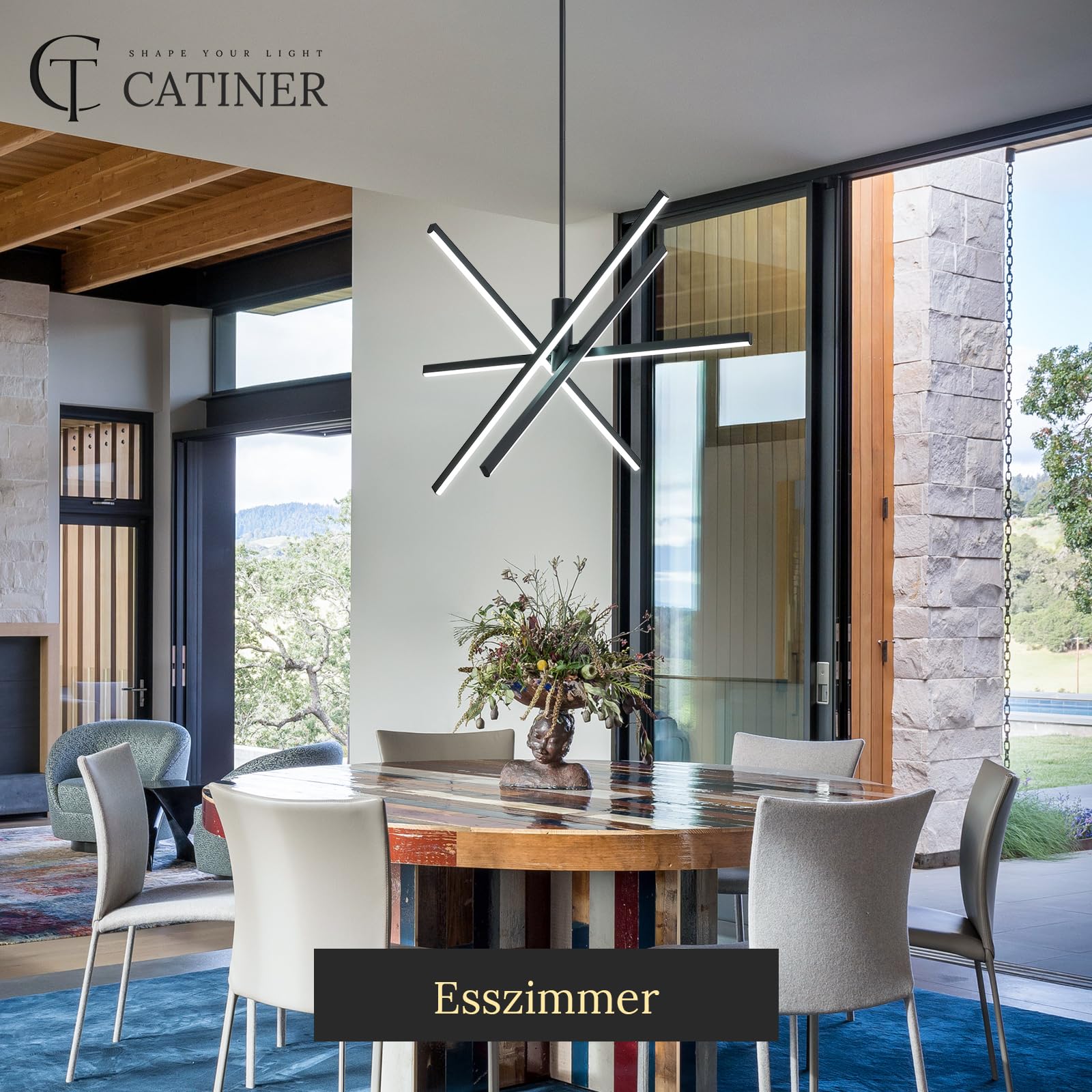CATINER Moderner LED Hängeleuchte Schwarz 4-flammige Esszimmer Pendelleuchten LED Sputnik Kronleuchter Dimmbar mit Fernbedienung für Wohnzimmer Schlafzimmer Küche Eingangsbereich，70 cm 25W