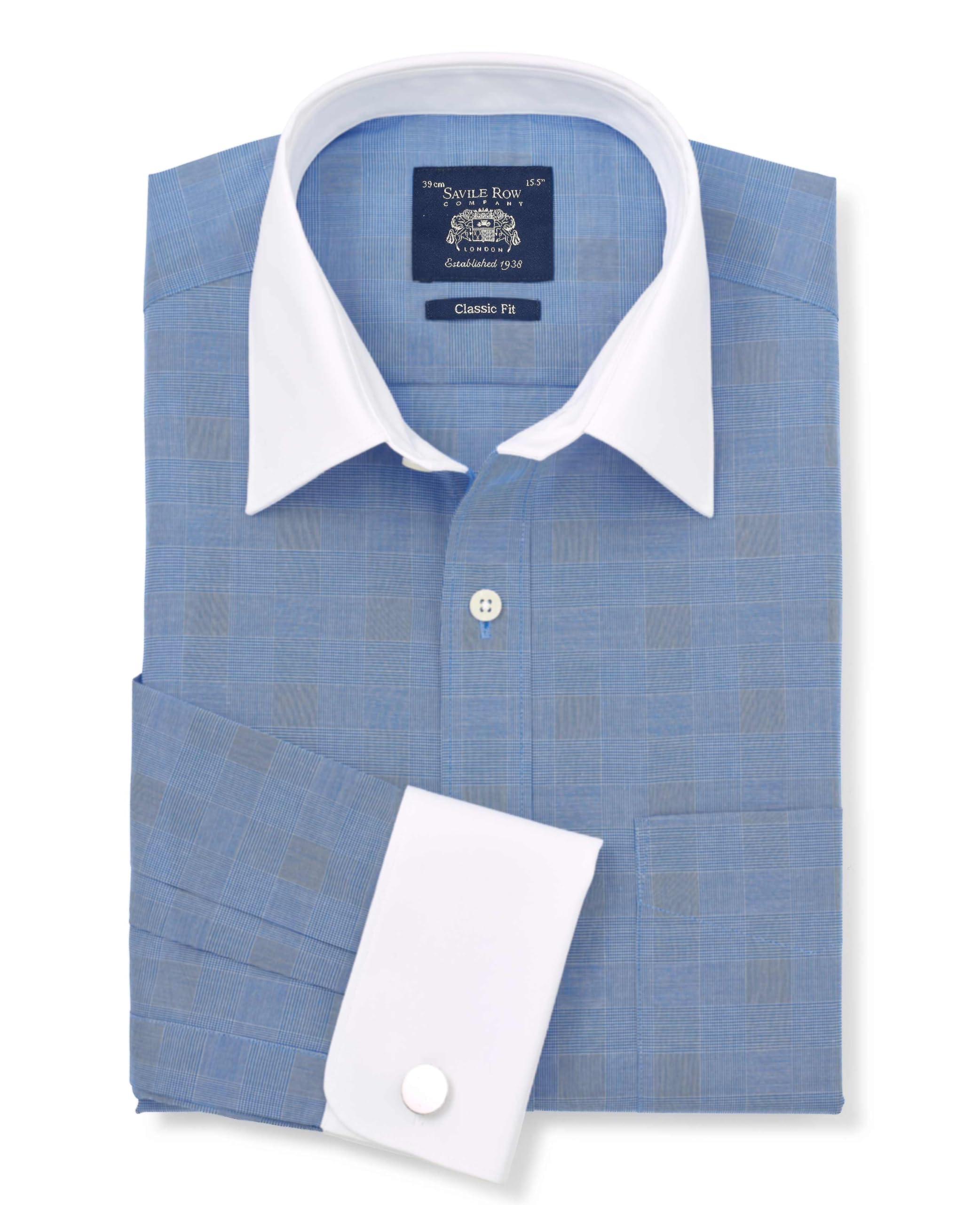 The Savile Row Company London Men's Navy Check / White Collar & Cuffs Classic Fit Cotton Poplin Double Cuff Winchester Formal Shirt - Navy Prince Of Wales Check - 16.5" Collar - Lengthened