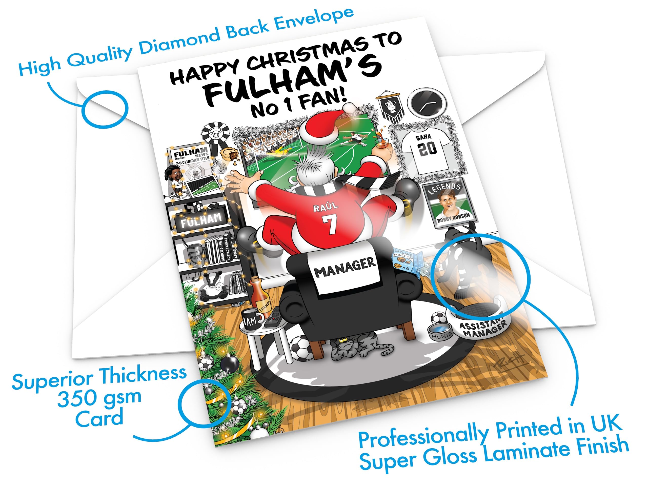 Football Christmas Card for Fulham Fans Pack of 6 Cards Santa Jumping Out of Chair to Support Team Funny Rear of Card Showing Rudolph Supporting Rival Club Large A5 Made in UK - Image 4
