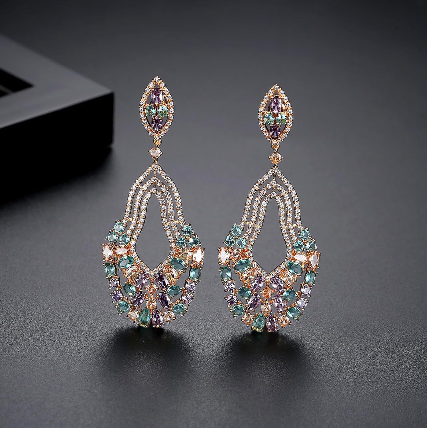 Gold Plated AAAAA Australia Crystal Dangle Earrings for Women | Gold Plated Rhinestone Wedding Bridal Bridesmaid Long Tassel Dangling Earrings | Colorful Cubic Zirconia Chandelier Tassel Stud Drop Dangle Earrings for Women & Teen Girls