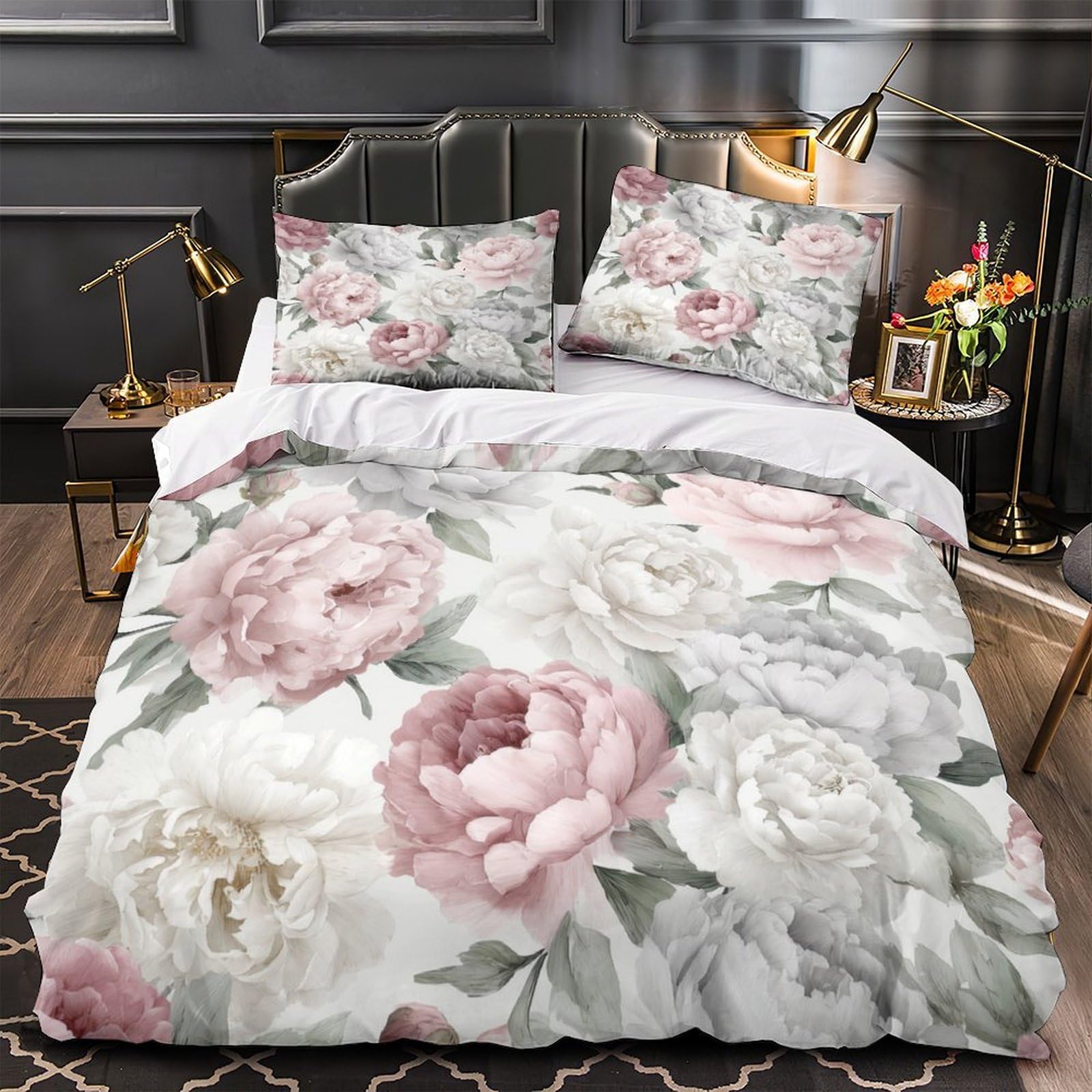 Parure de lit pivoines hypoallergénique et respirante, housse de couette microfibre ultra douce