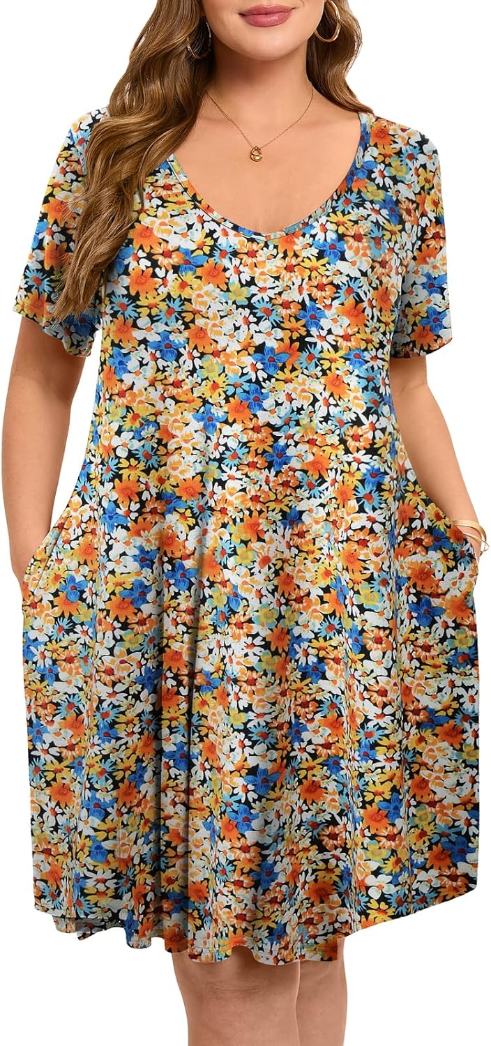 ZENNILO Women's Plus Size Swing Dress with Pockets Casual Summer Dresses V Neck Short Sleeve T Shirt Dress for Women