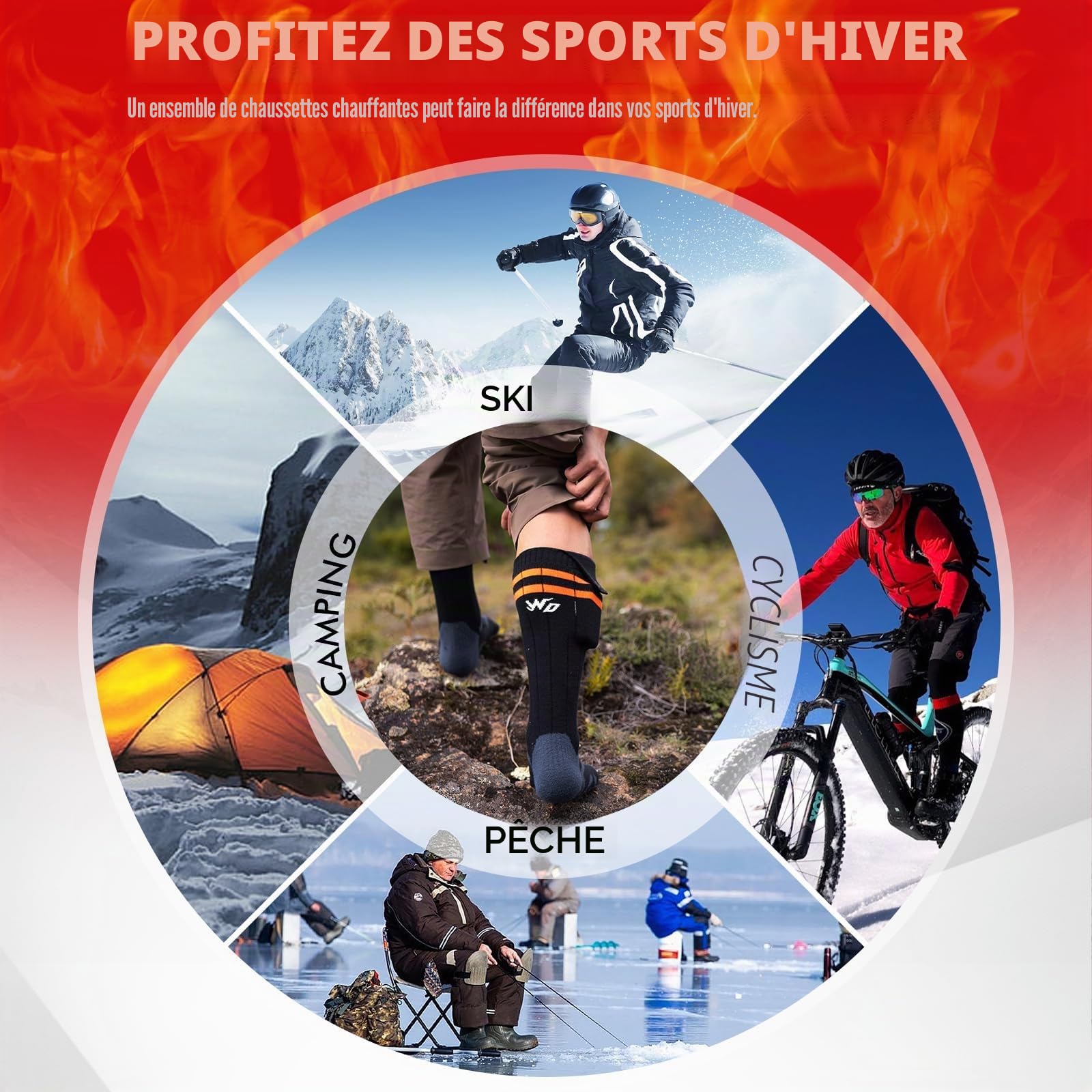 Heated Socks, 2023 Rechargeable Heated Socks, 5000 mAh Extra Large Battery, Long Life Up to 65 °C Large Heating Area, Suitable for Outdoor Skiing, Winter Camping, Hiking
