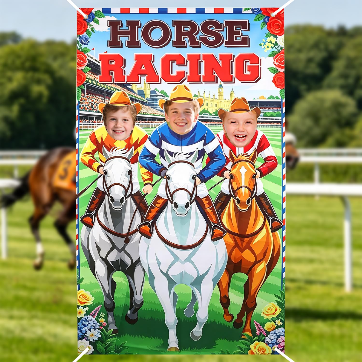 Horse Racing Photo Banner, Fabric Race Day Backdrop with 3 Face Frames, 180 x 90 cm Photo Booth Props for Horse Racing Party Decorations Supplies