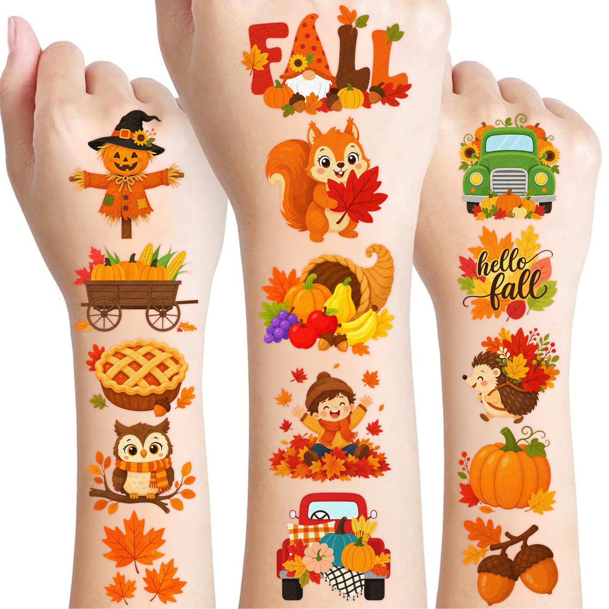 96PCS Fall Autumn Temporary Tattoos for Kids, Maple Leaves Pumpkin Tattoos