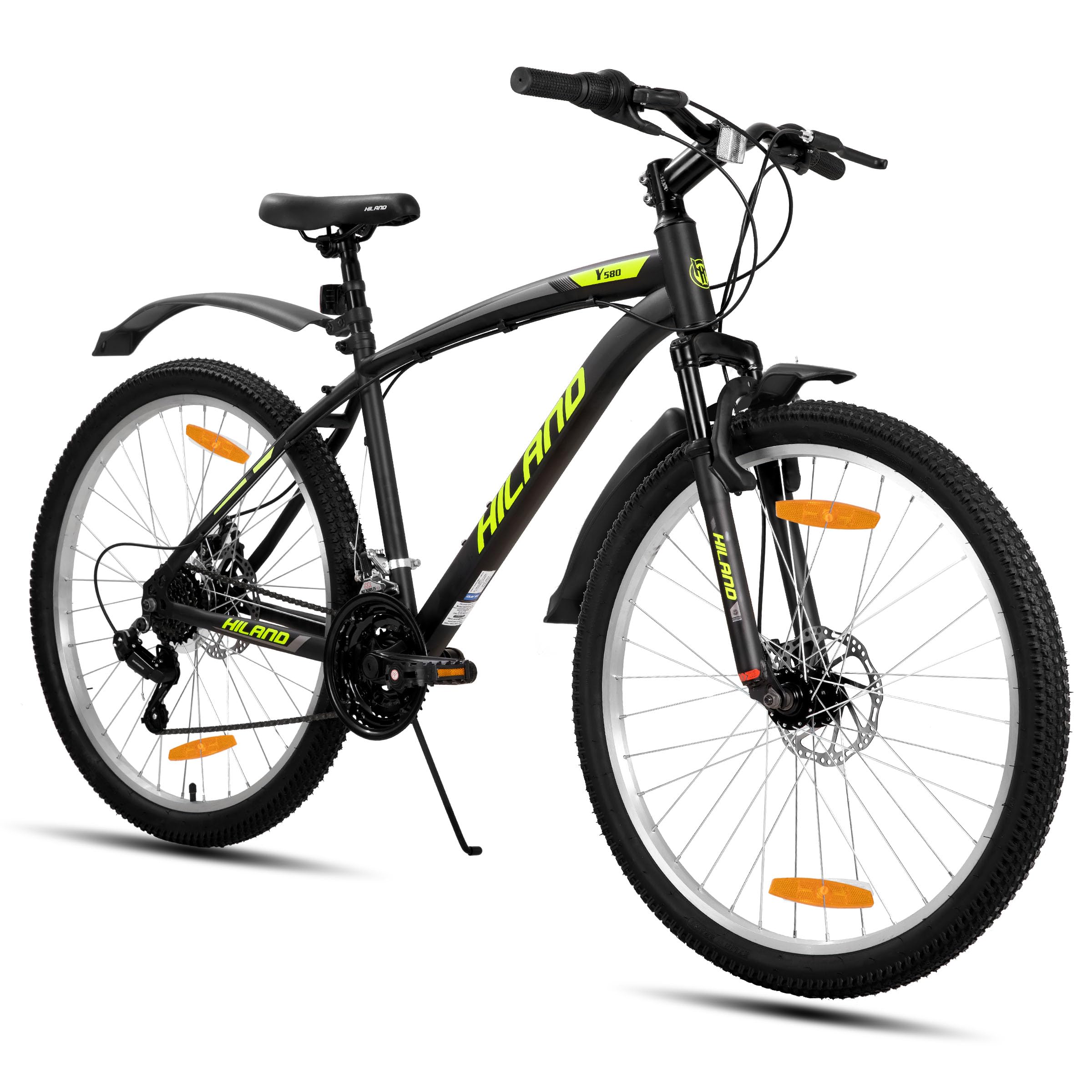 Hiland Rower górski 27,5", 18 biegów, dla mężczyzn i kobiet, MTB z podwójnymi hamulcami tarczowymi, 26", rower górski dla dorosłych z widelcem amortyzowanym, MTB dla mężczyzn i kobiet, żółty