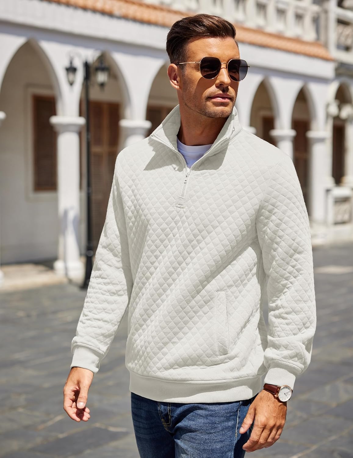 COOFANDY Mens Quarter Zip Pullover Quilted Sweatshirt Knit Long Sleeve Mock Neck Sweater Polo with Pocket - Image 4